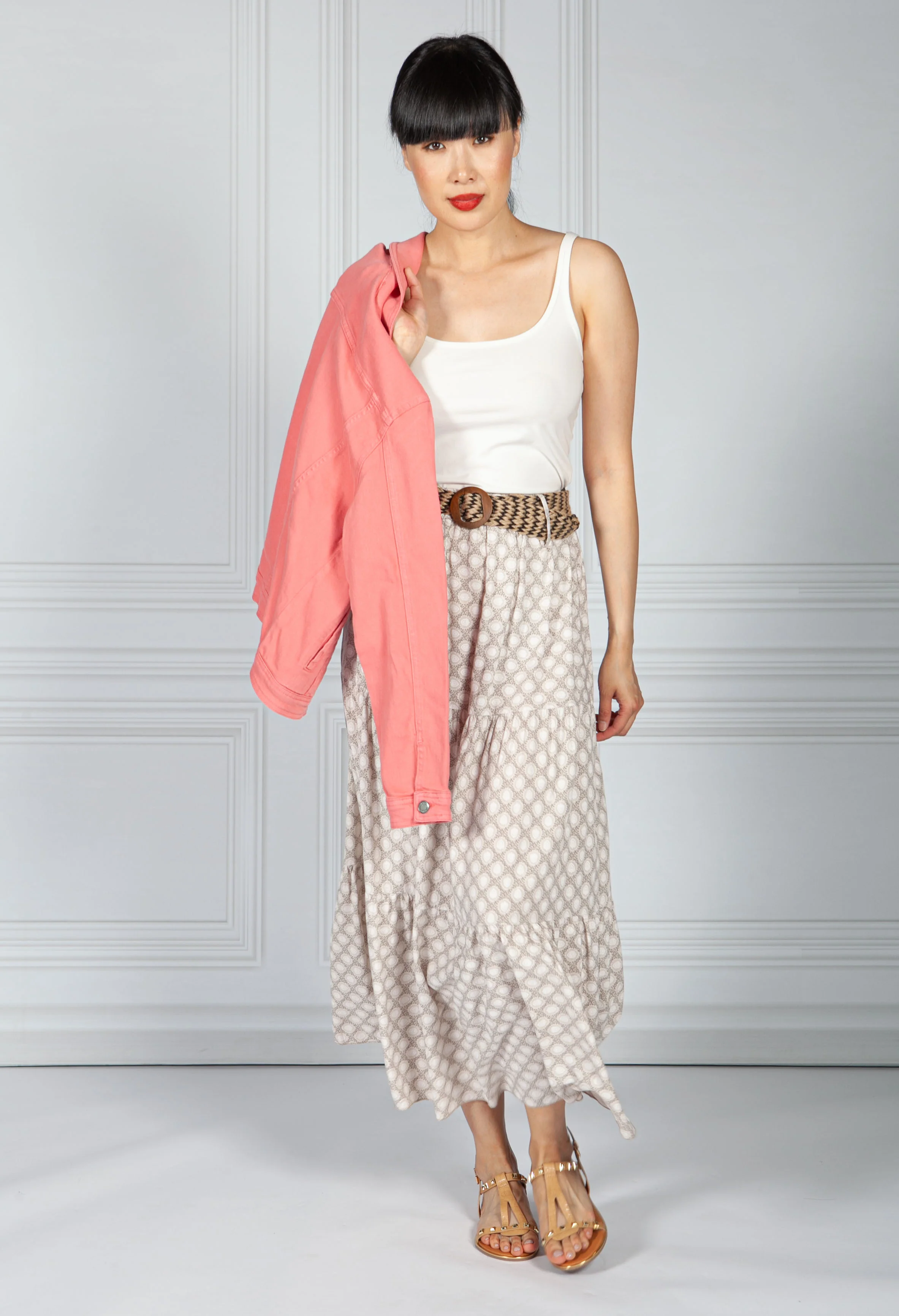 Latte Paisley Print Skirt with Belt