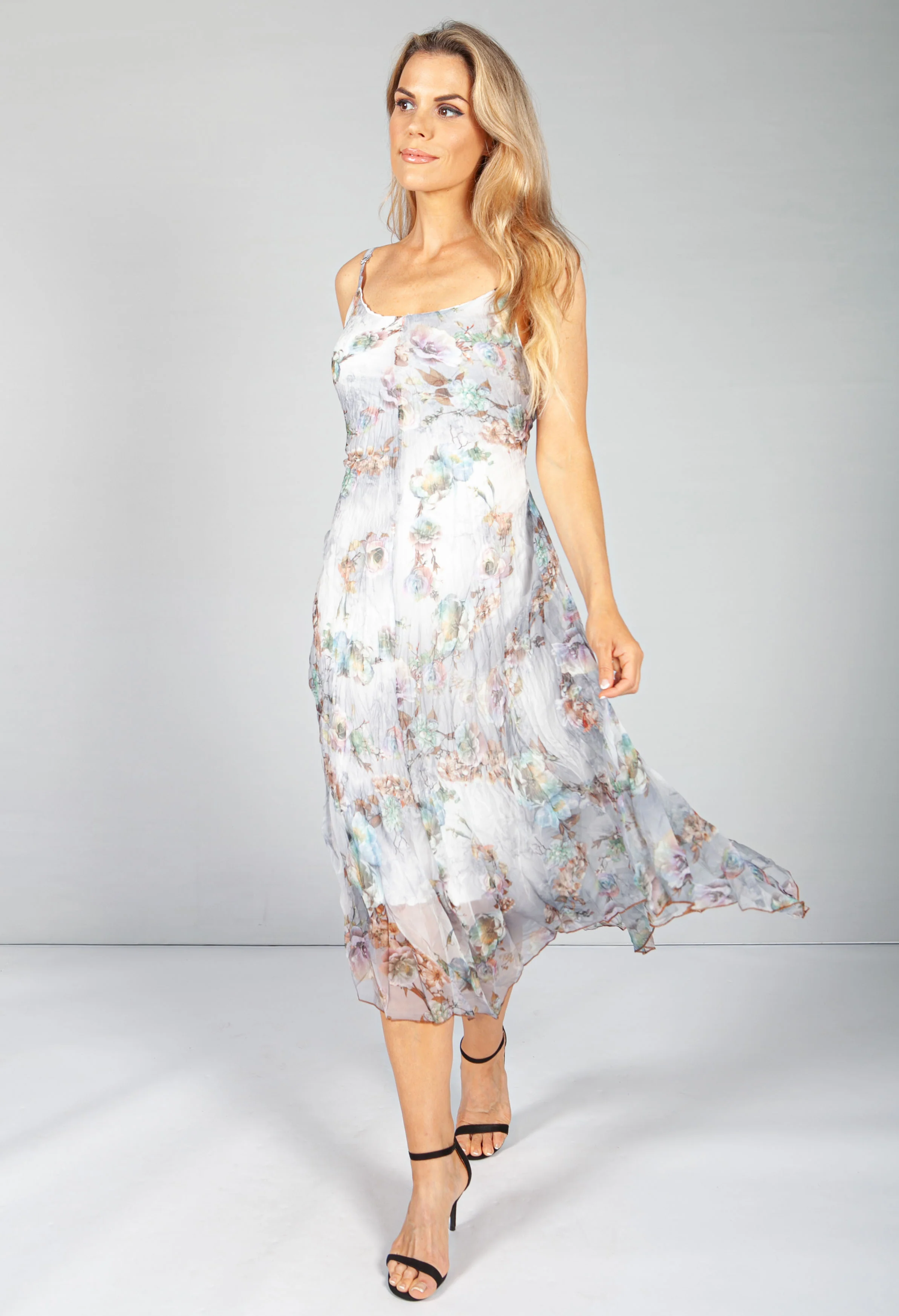 Soft Grey Floral Crepe Maxi Dress