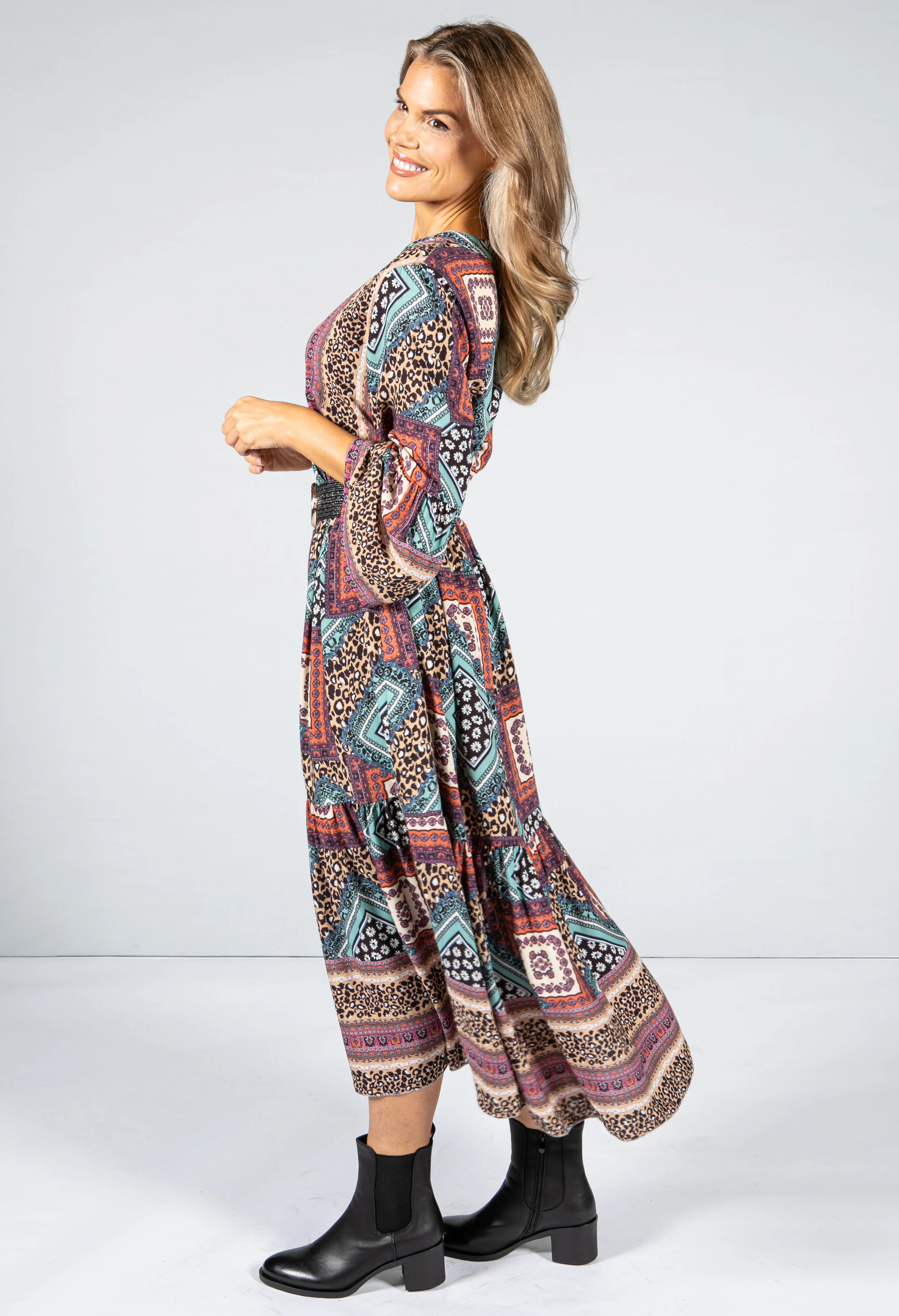 Multi-Print Collarless Maxi Dress in Mint