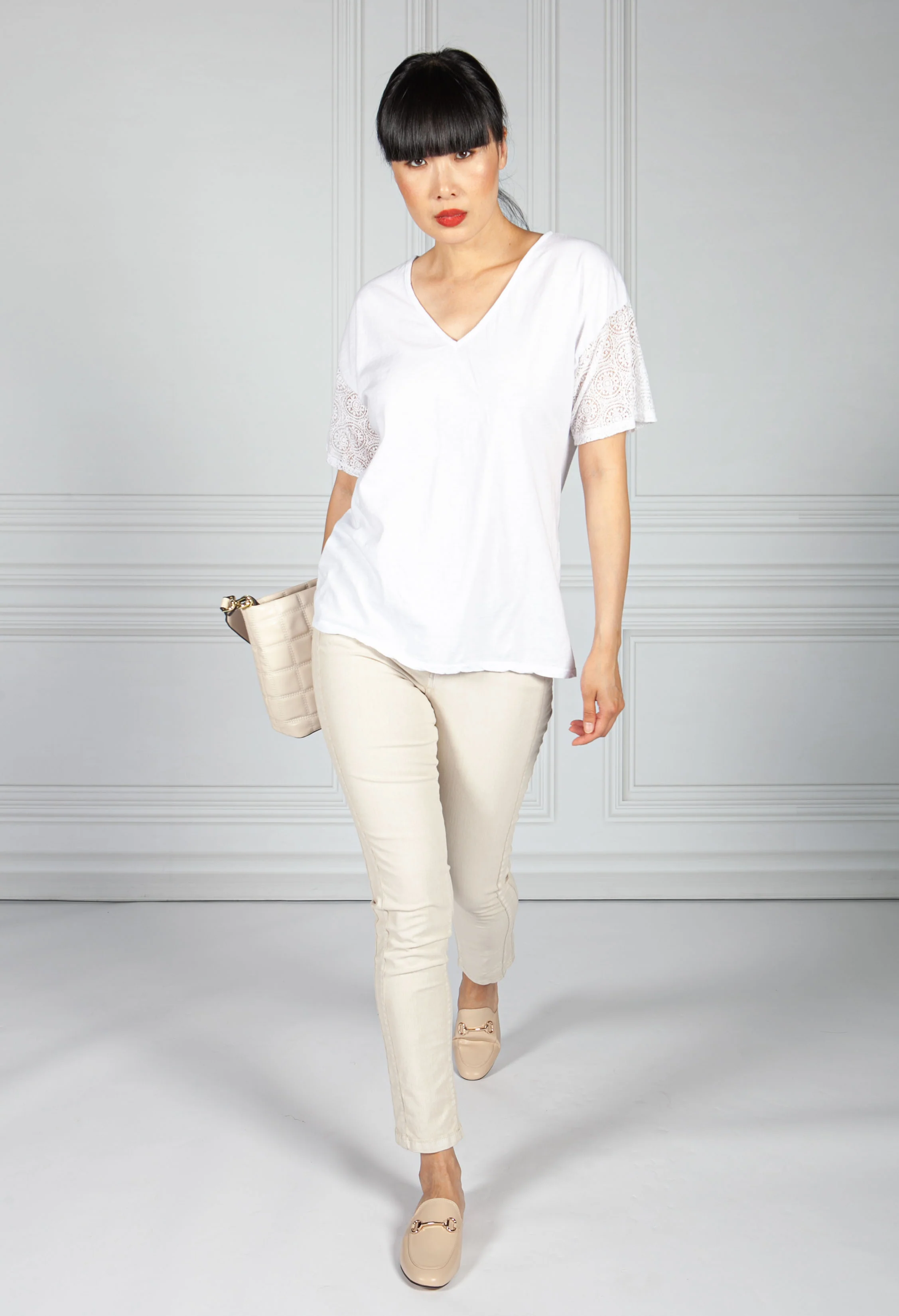 V Neck Top with Embroidered Sleeve