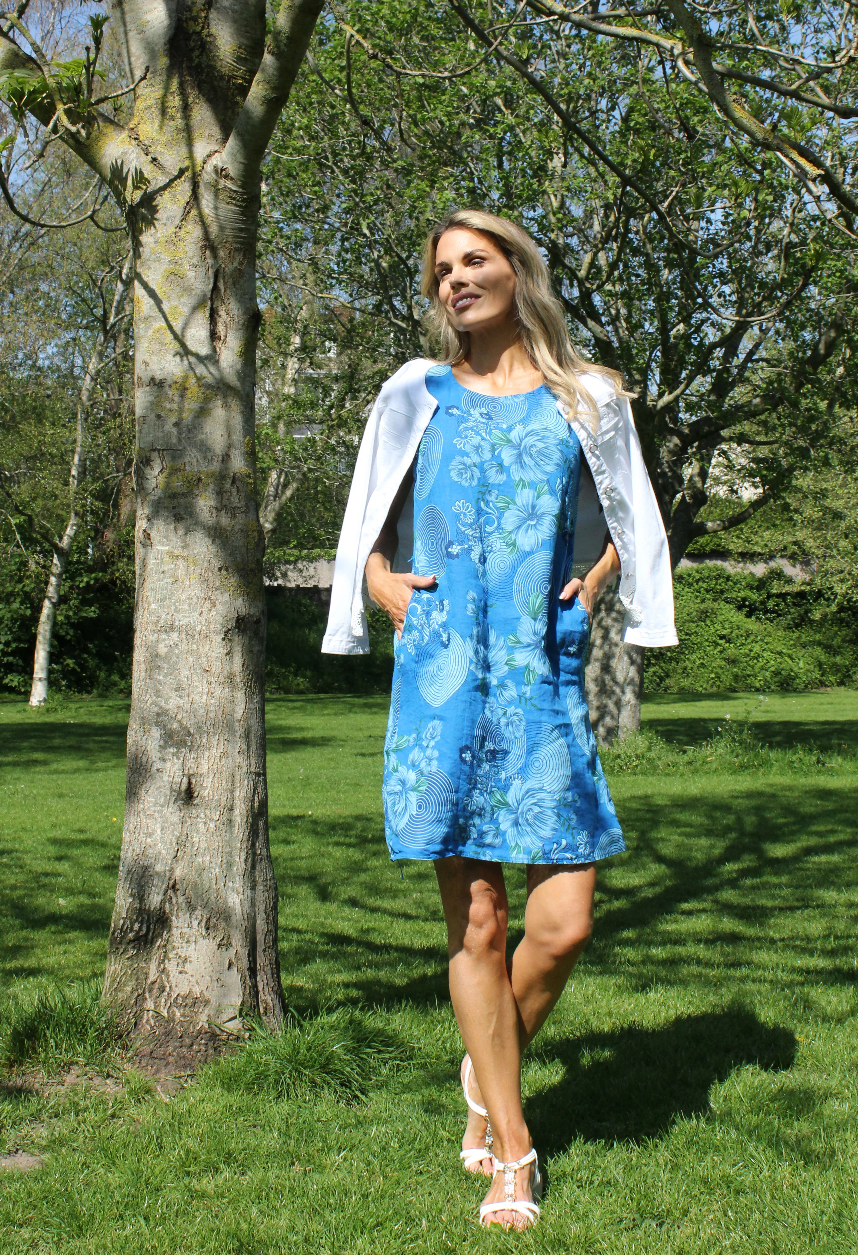 Swirl and Floral Print Linen Dress
