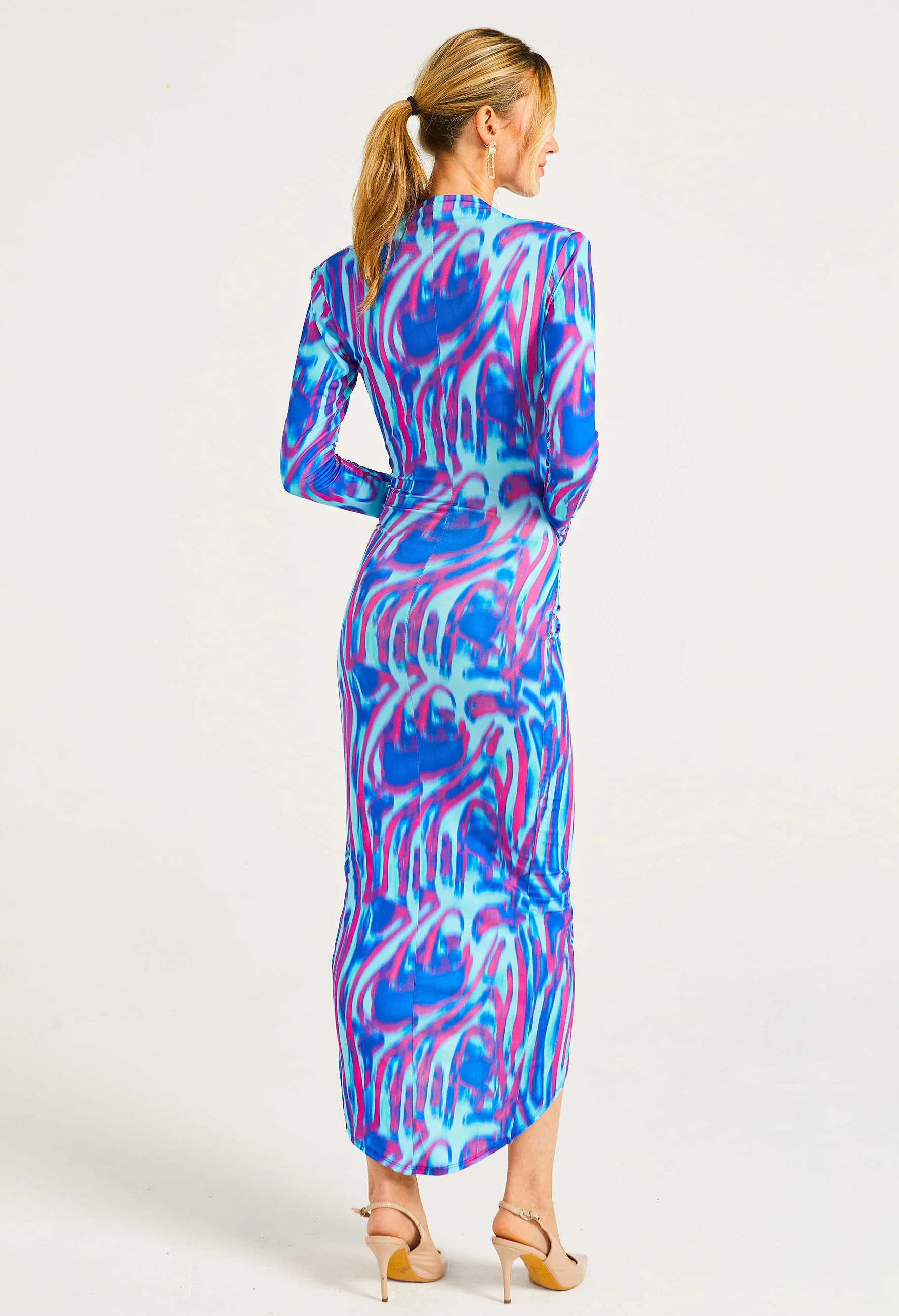 Plunge Neck Faux Wrap Print Midi Dress