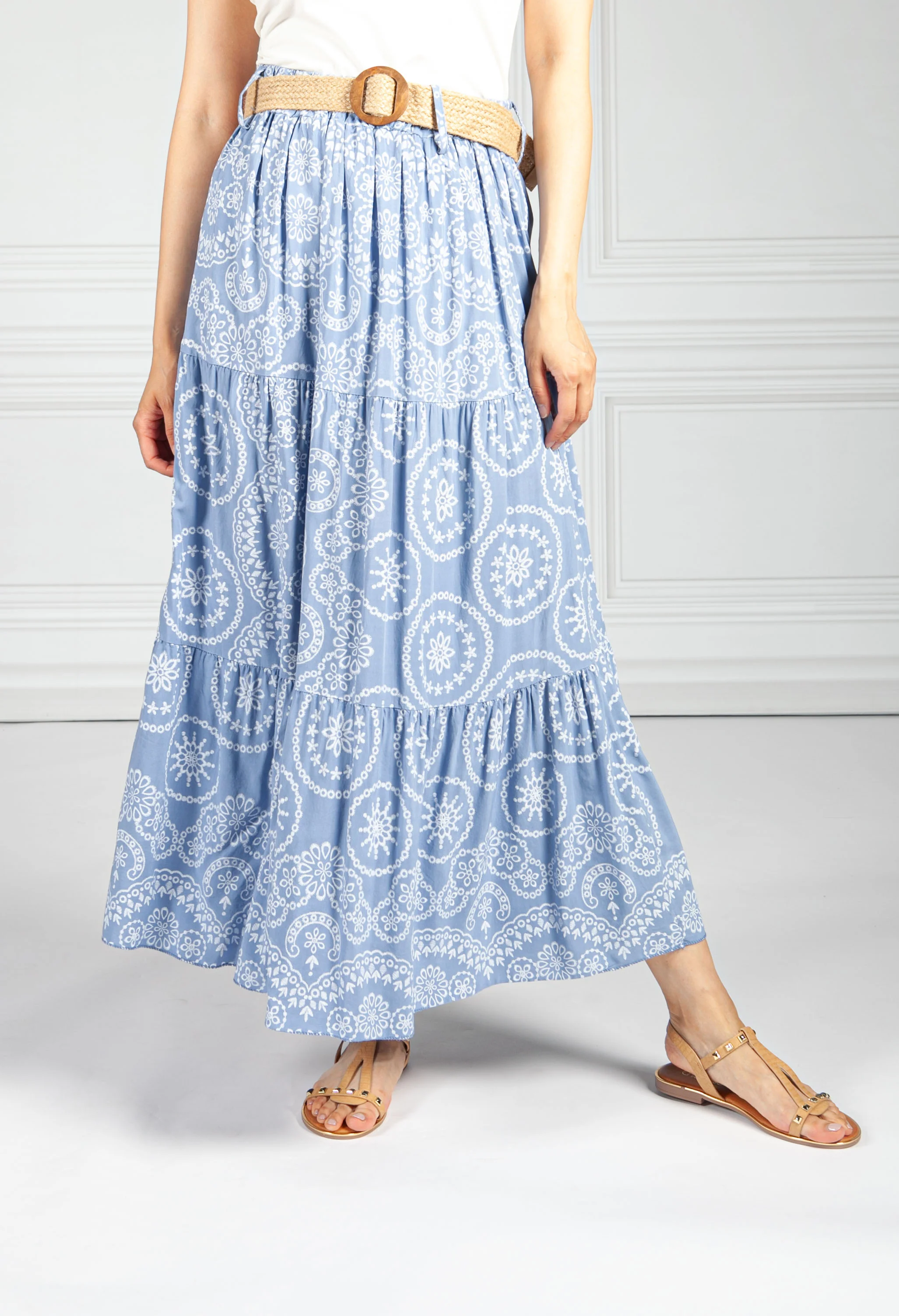 Stitching Print Boho Skirt in Blue