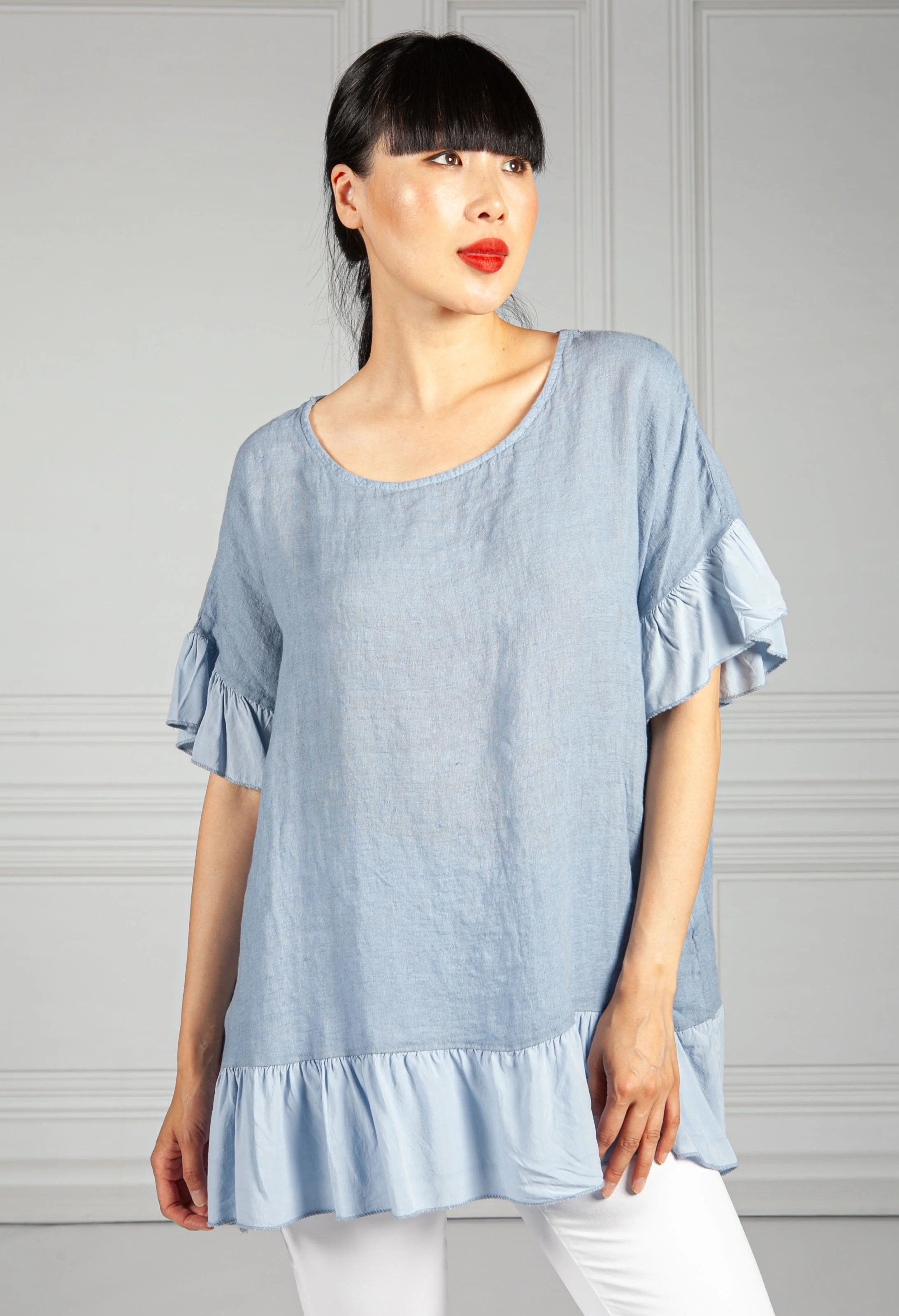 Ruffle Detail Linen Blouse in Blue