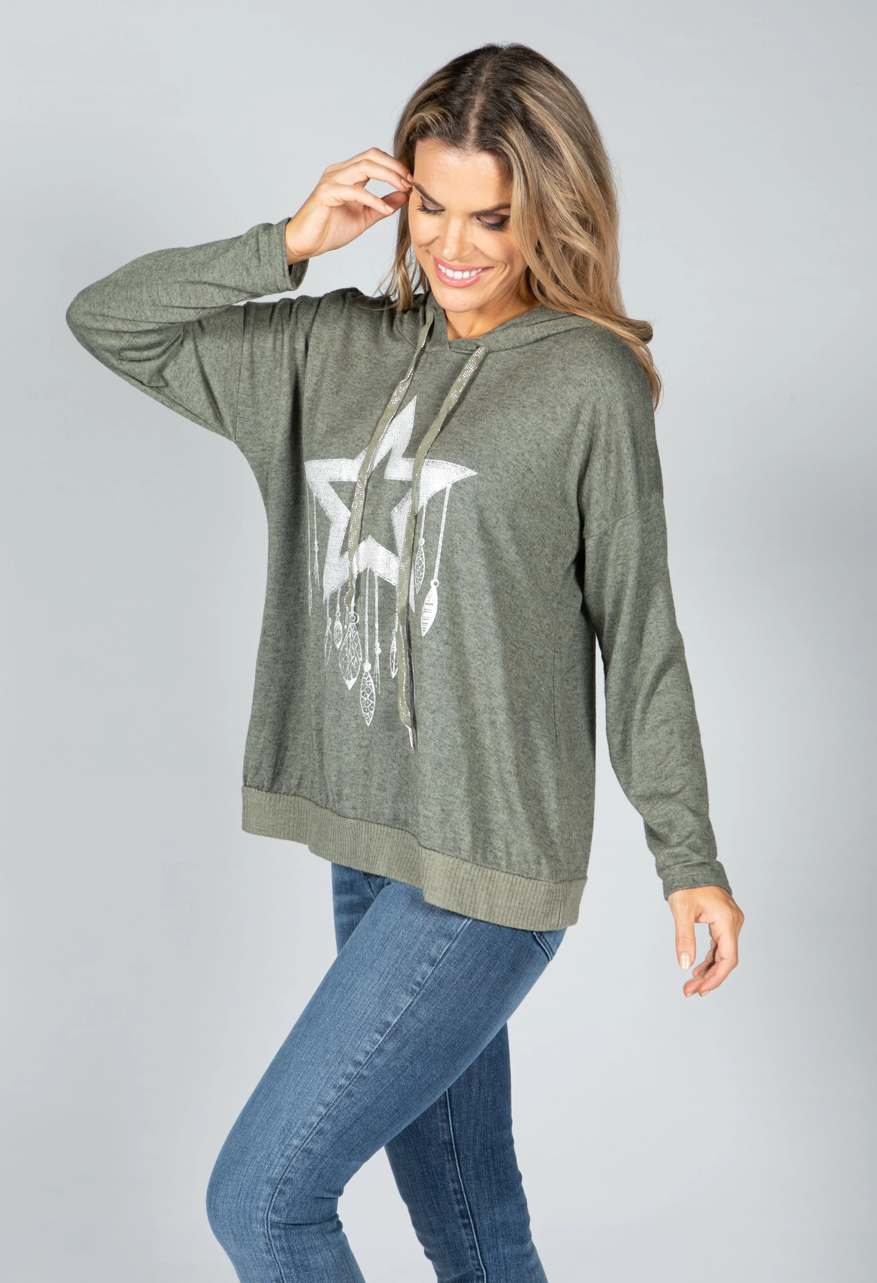 Metallic Star Design Hoodie in Faded Khaki