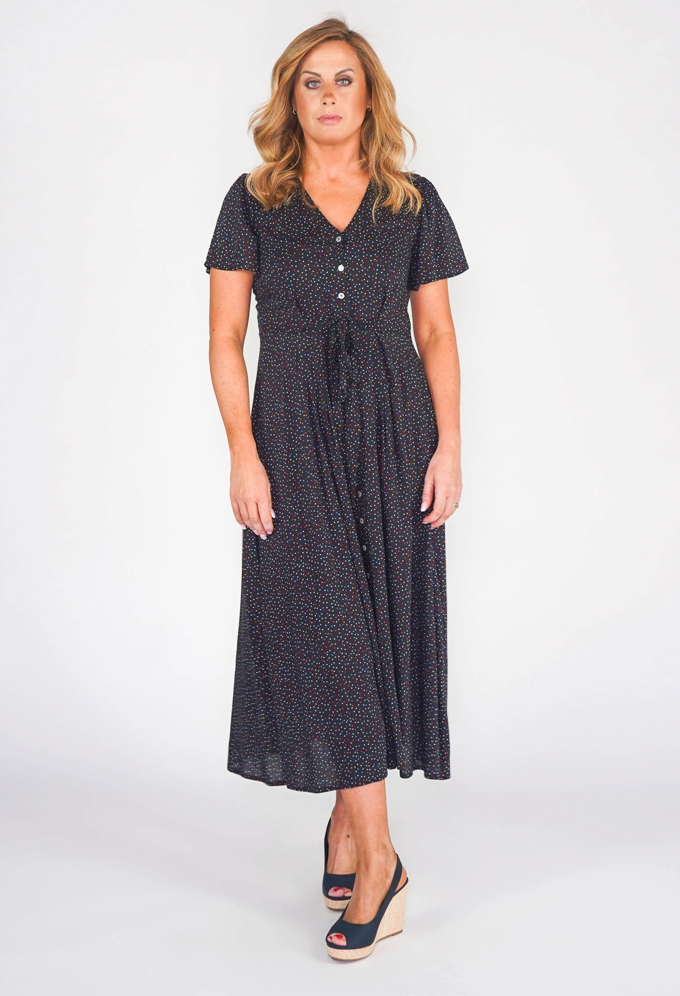 Retro Button Through Dress with Angel Sleeves