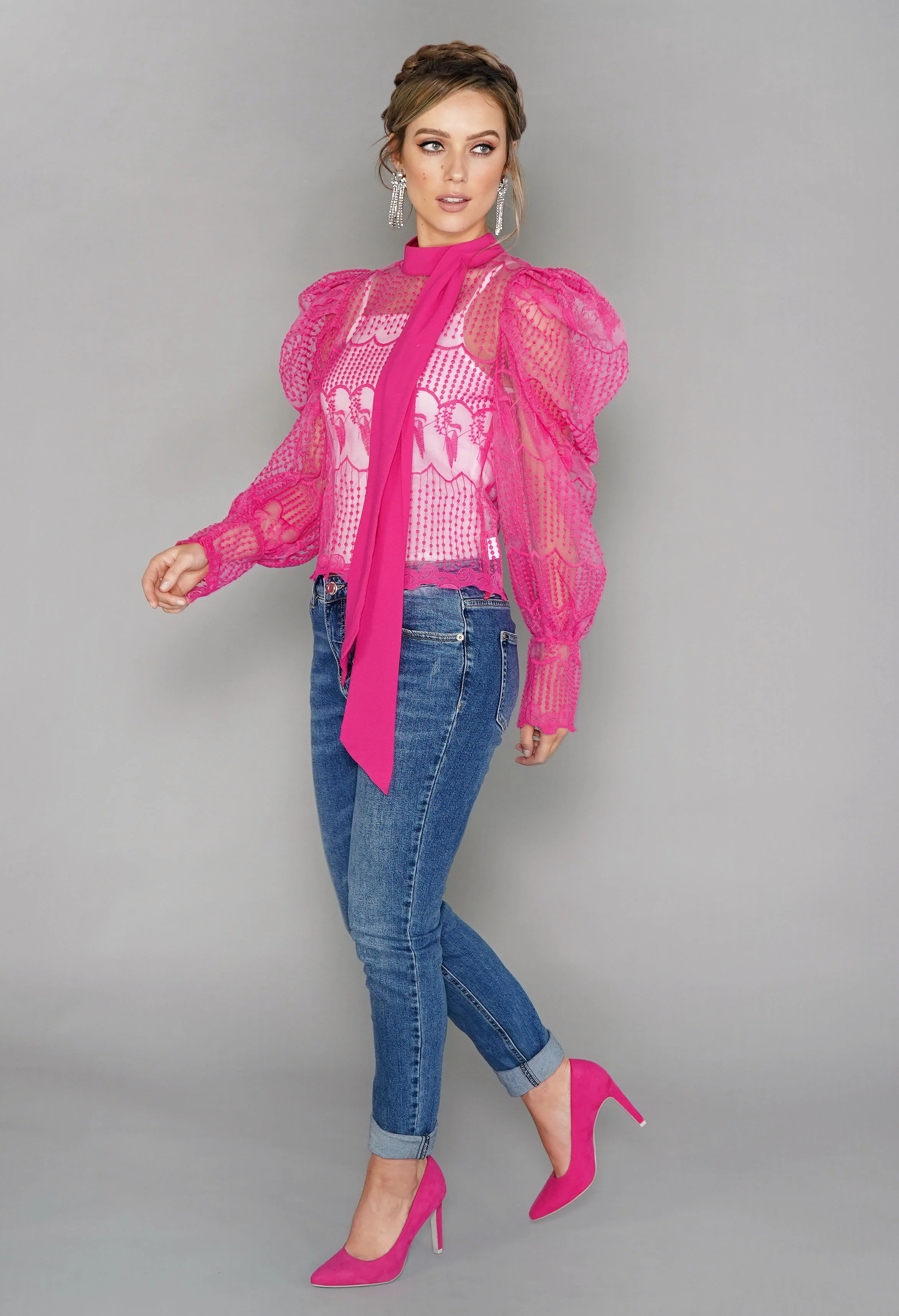 Pink Puff Sleeve Embroidered Mesh Top