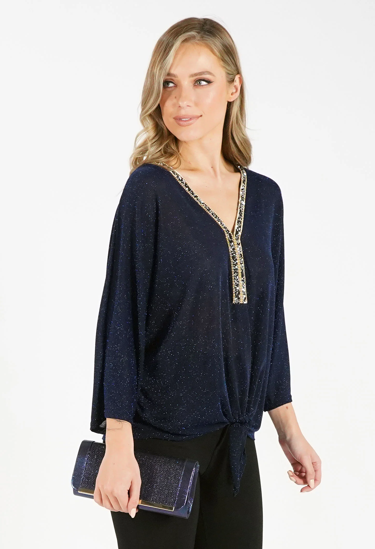 Blue Embellished Neckline Metallic Top