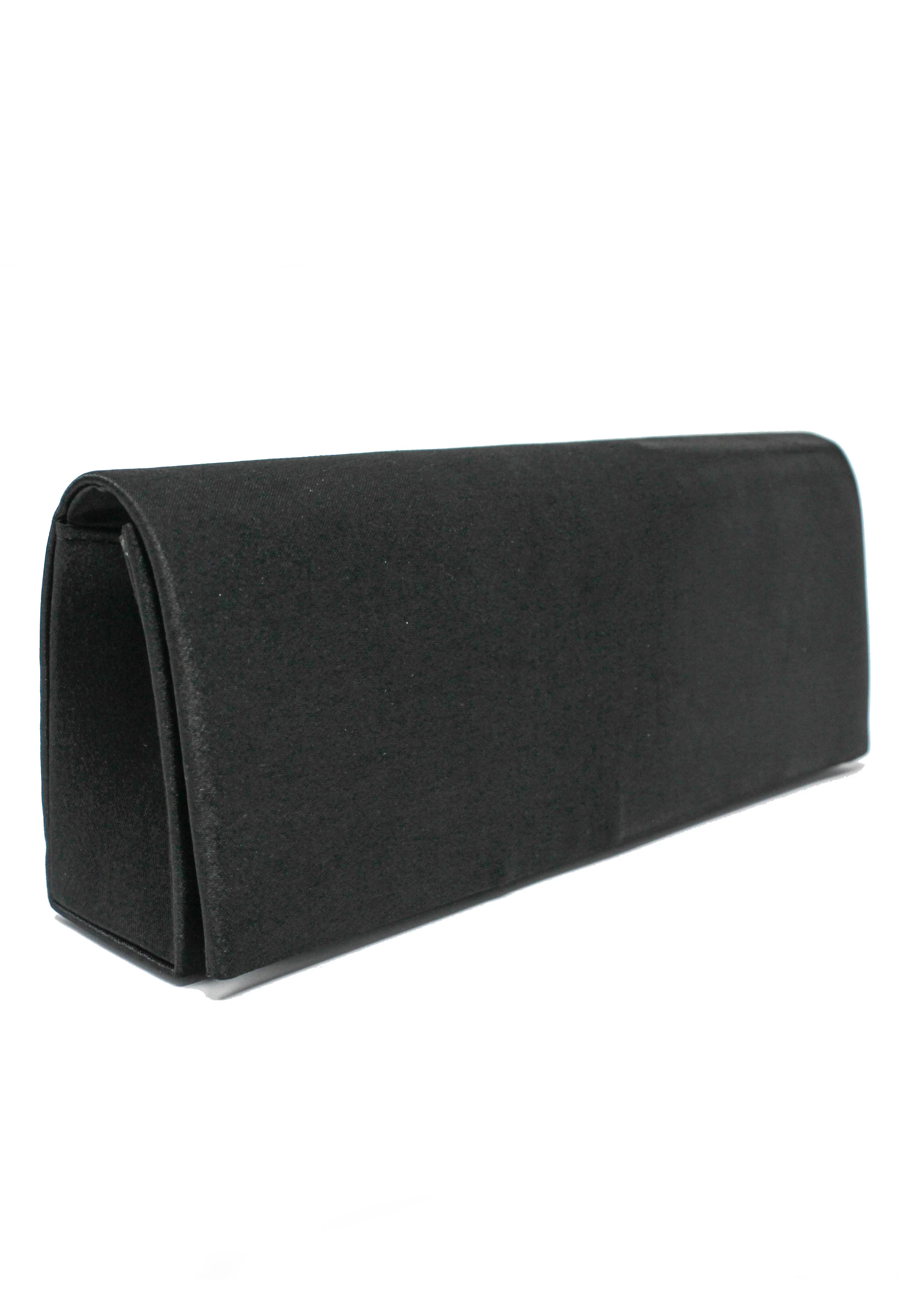 PAMELA SCOTT SATIN CLUTCH BAG IN BLACK.
