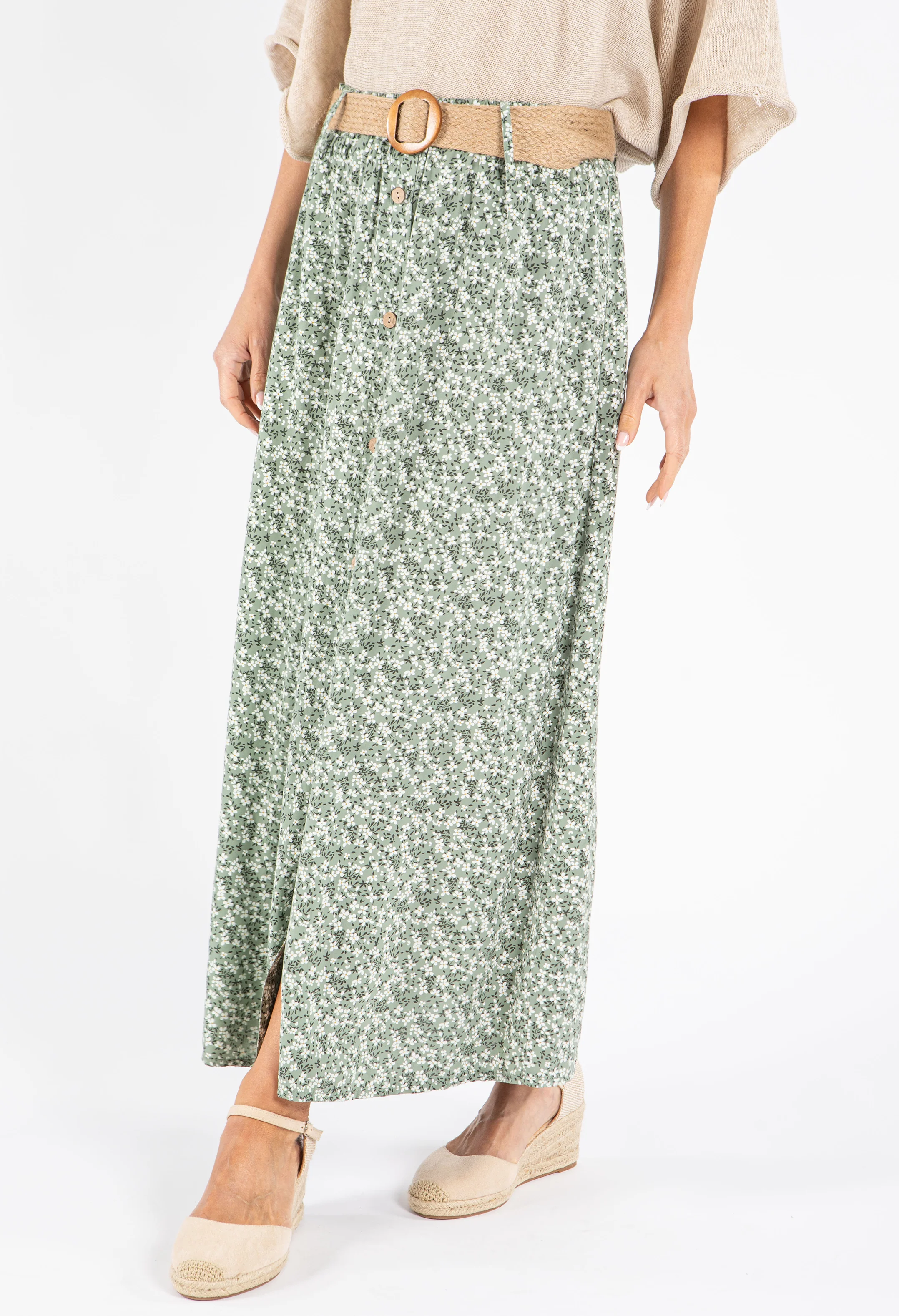 Belted Daisy Print Maxi Skirt
