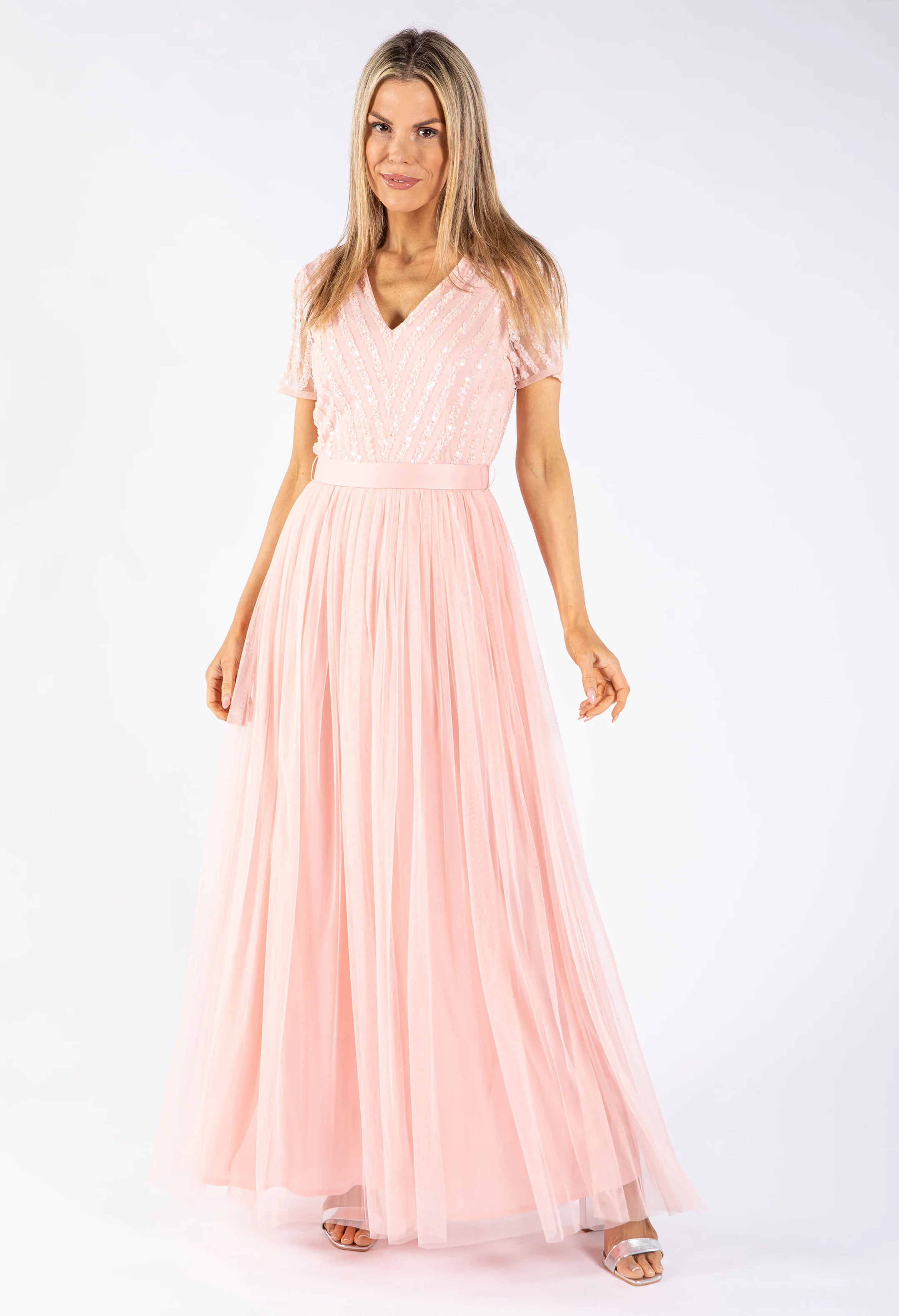 STRIPE EMBELLISHED MAXI DRESS WITH SASH BELT