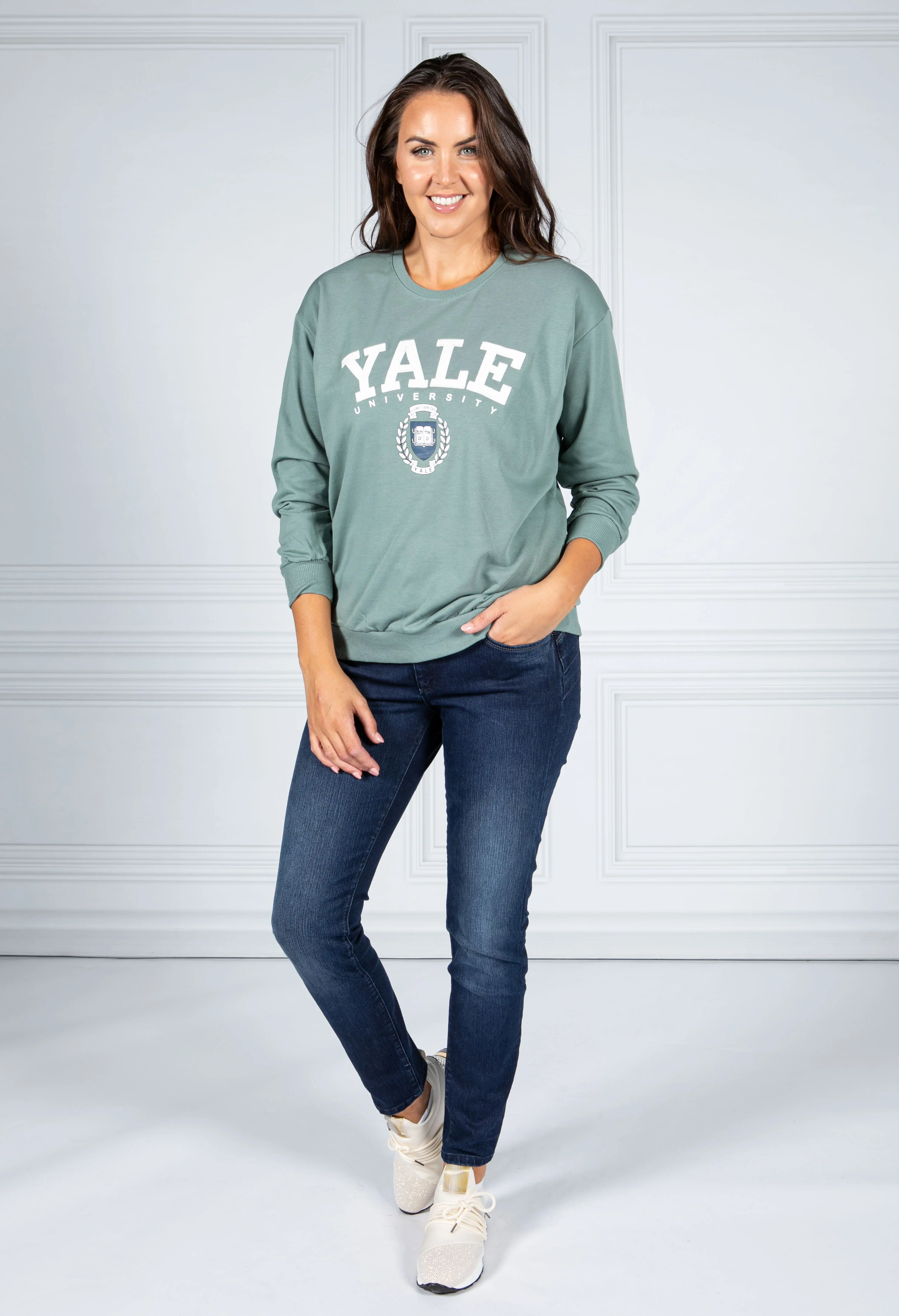 PAMELA SCOTT VARSITY CREW NECK JUMPER IN TEAL