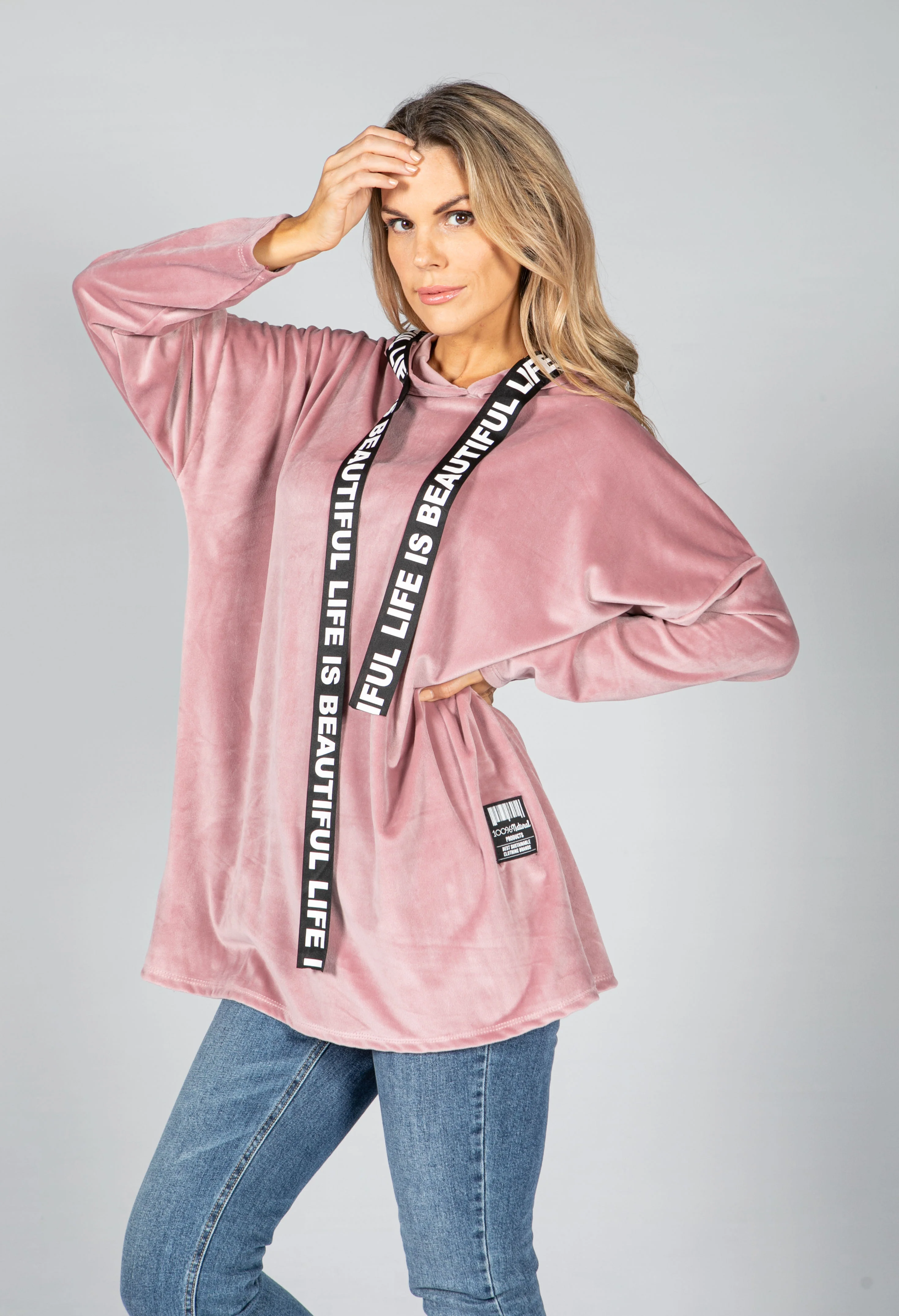 Velvet Logo Strap Hoodie in Dusty Pink