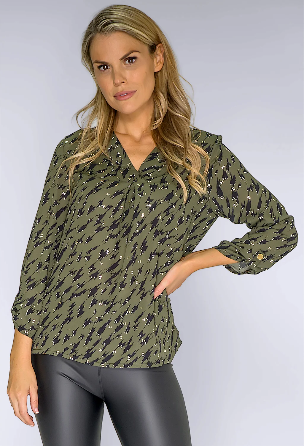 Khaki and Gold Printed Blouse