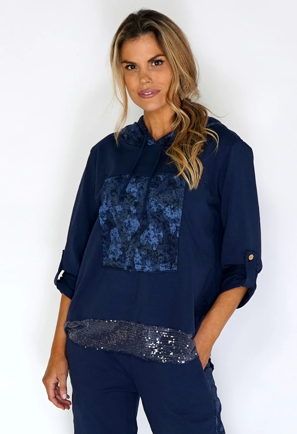 Zapara Navy Jumper with Glitter Hem and Camouflage Hood