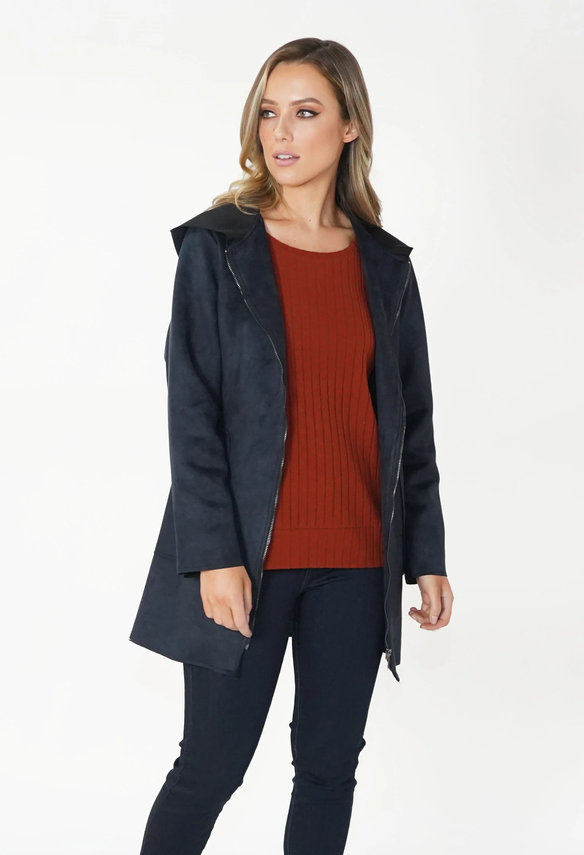 Navy Faux Suede Hooded Jacket