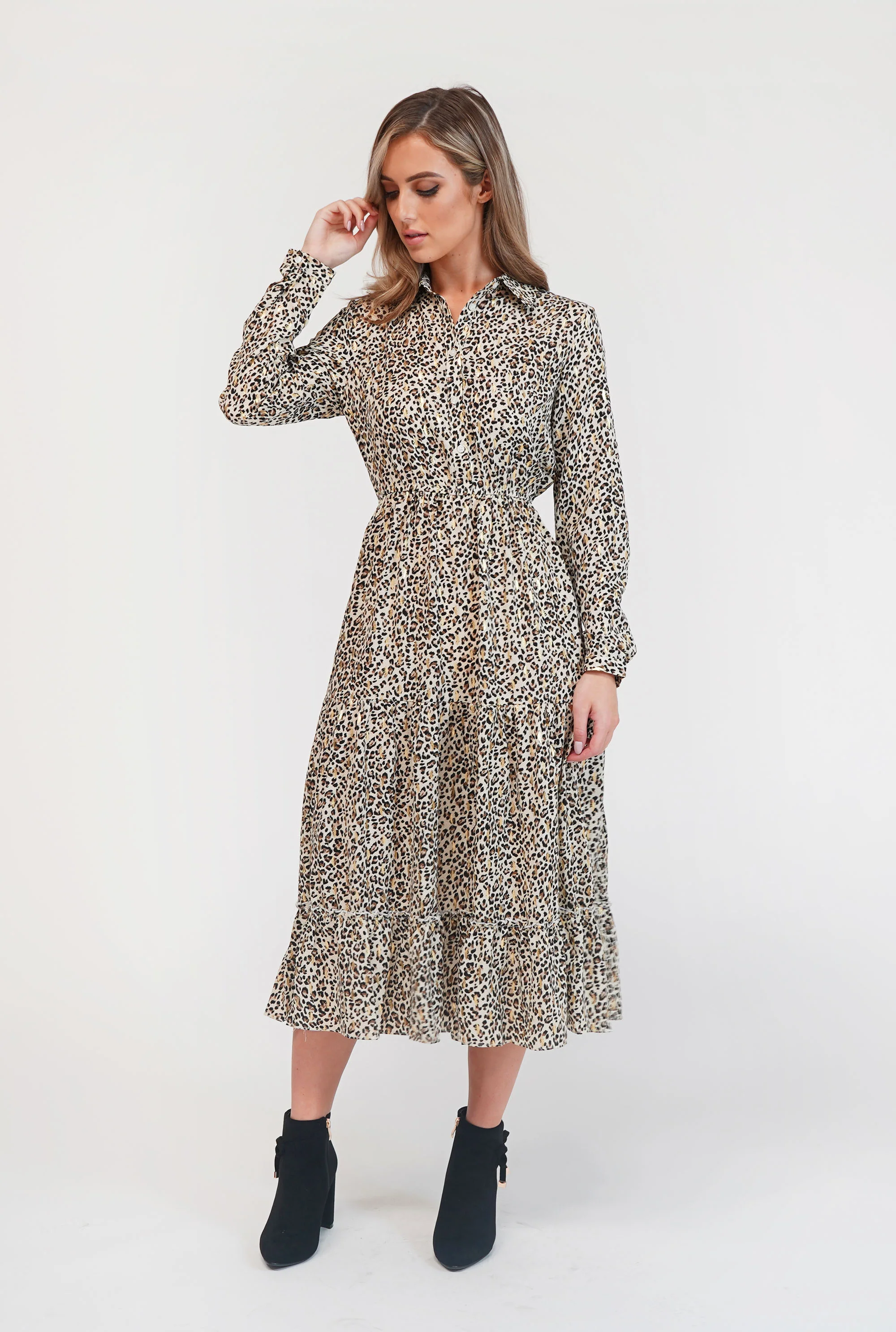 Pamela Scott Leopard Print Shirt Midi Dress