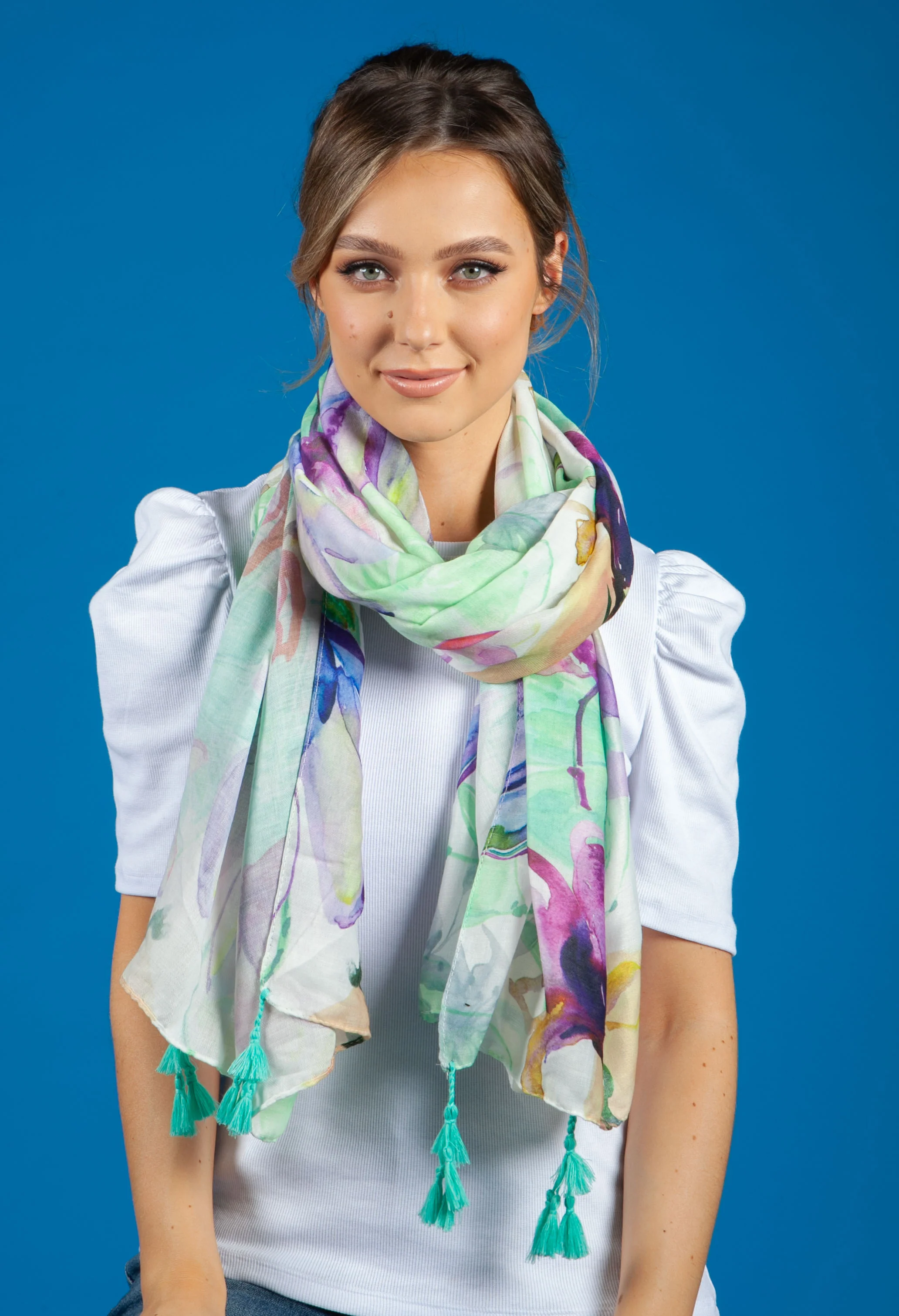 Floral Print Scarf with Tassel Corners