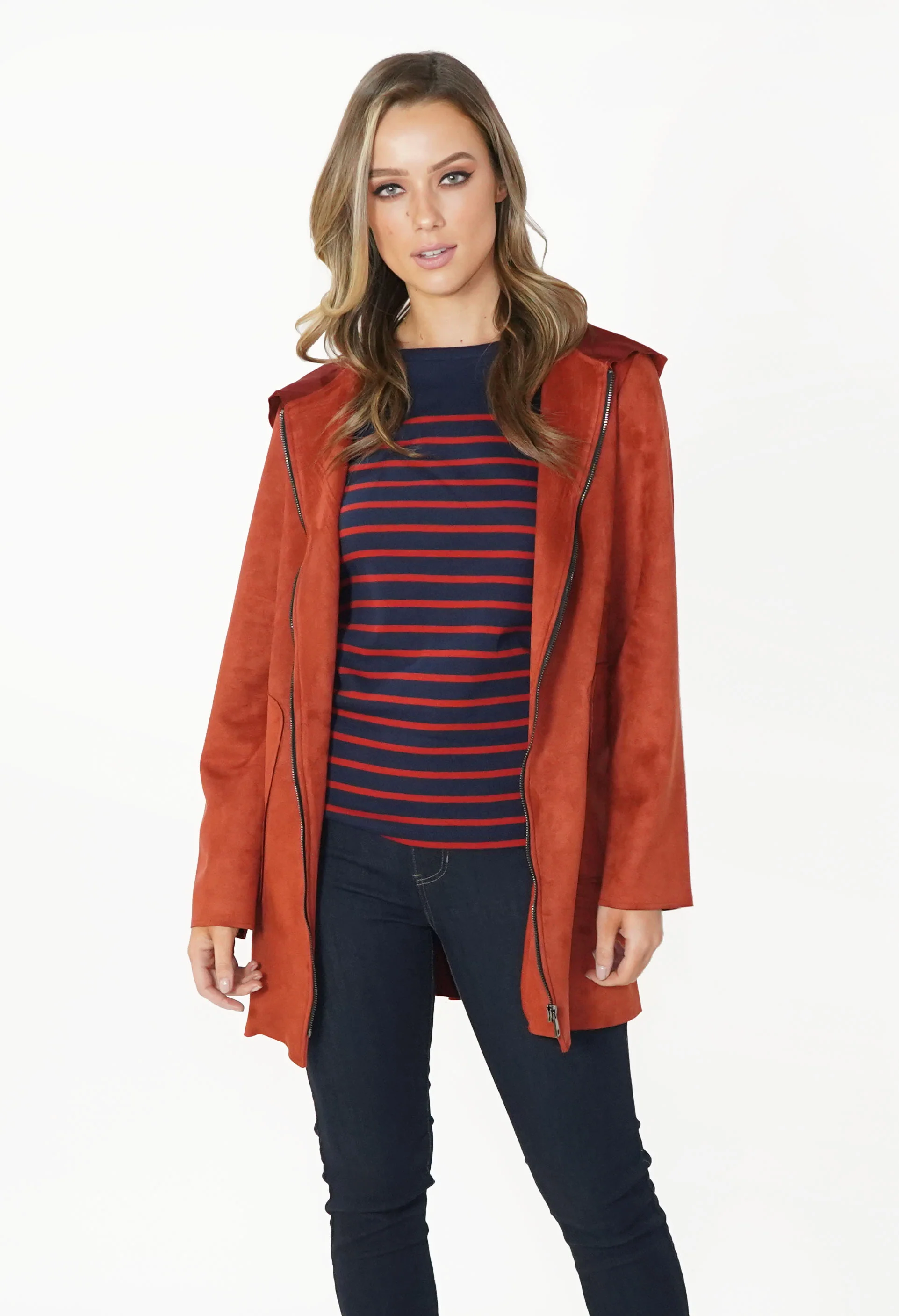 Rust Faux Suede Hooded Jacket