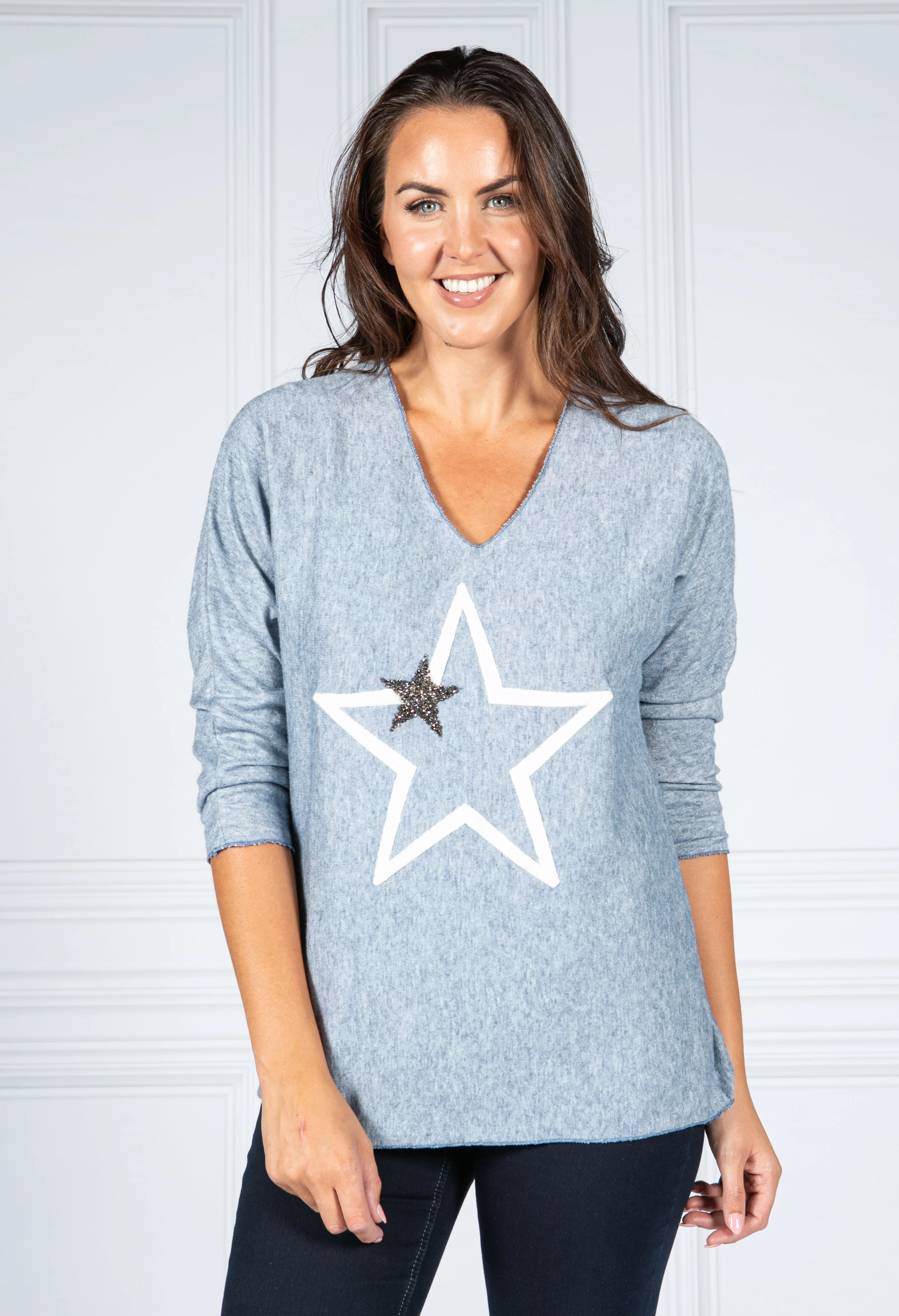 PAMELA SCOTT SOFT KNIT STAR JUMPER IN SKY BLUE