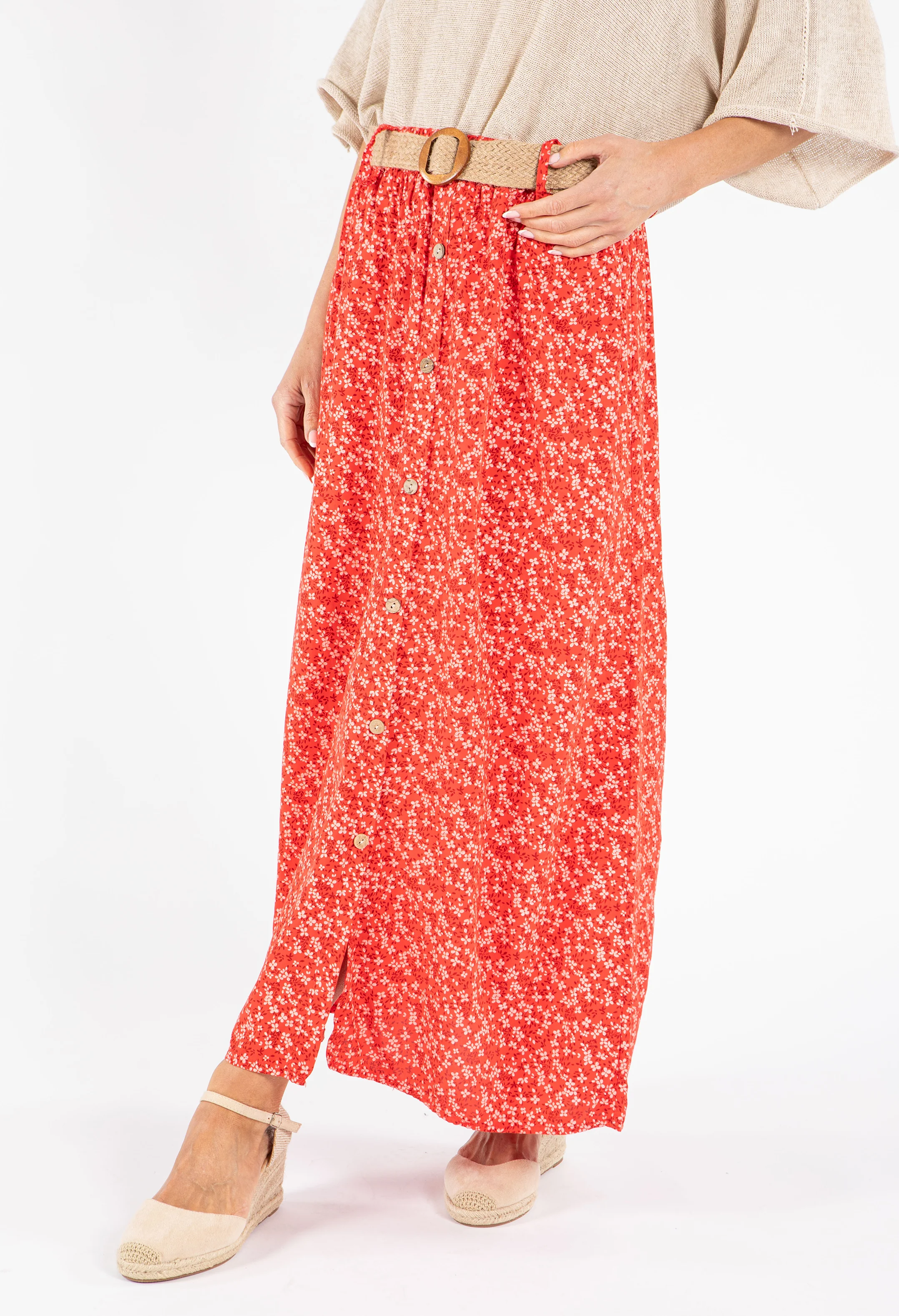 Belted Daisy Print Maxi Skirt