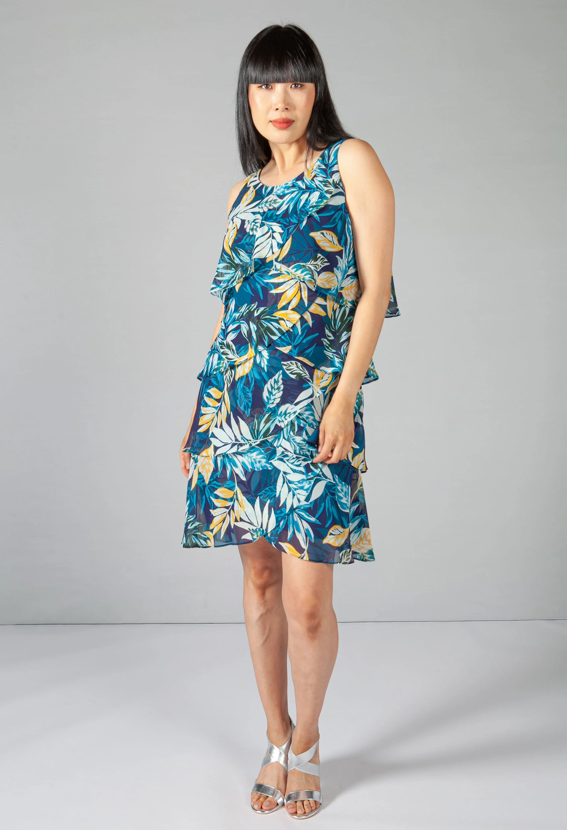 Indigo Palm Print Layered Dress