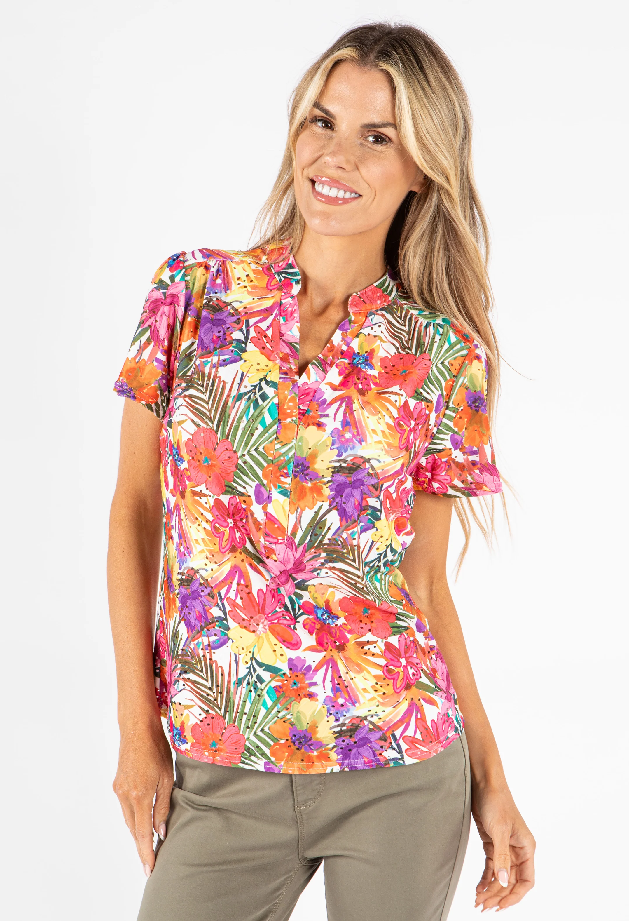 Crochet Detail Floral Print V-Neck Top