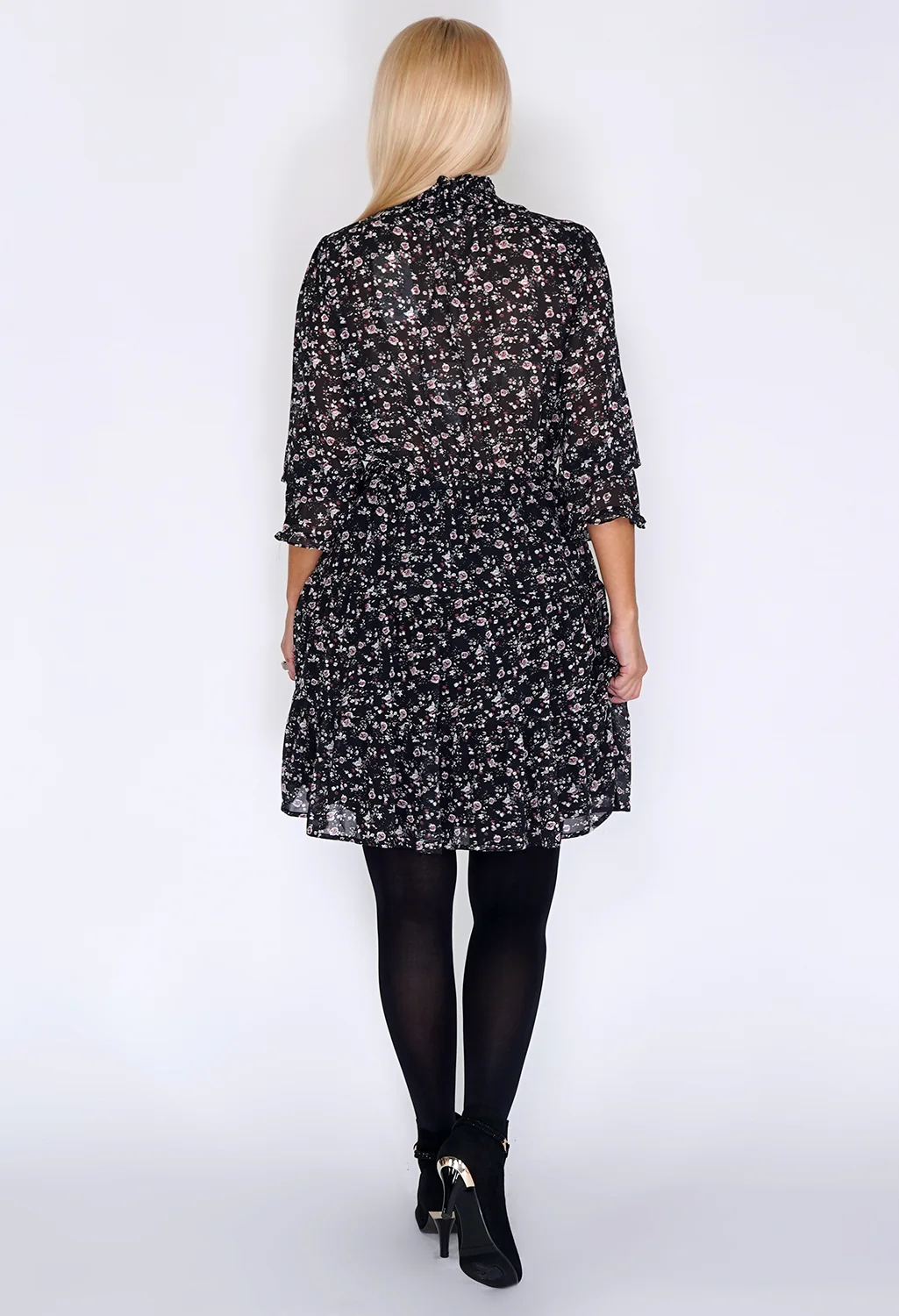 Black Frill Dress with Bloom Print