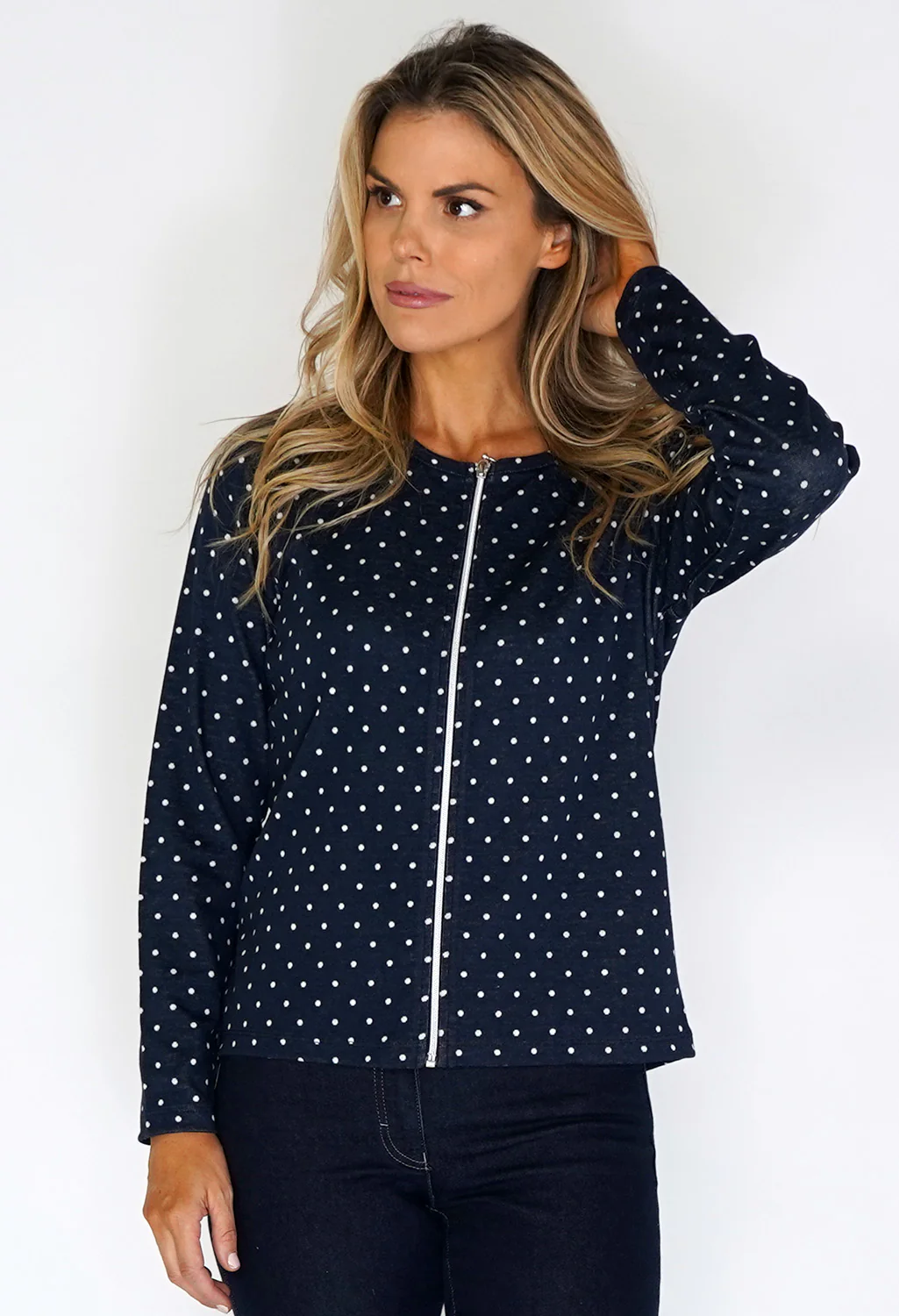 Twist Navy Polka Dot Zip Up Top