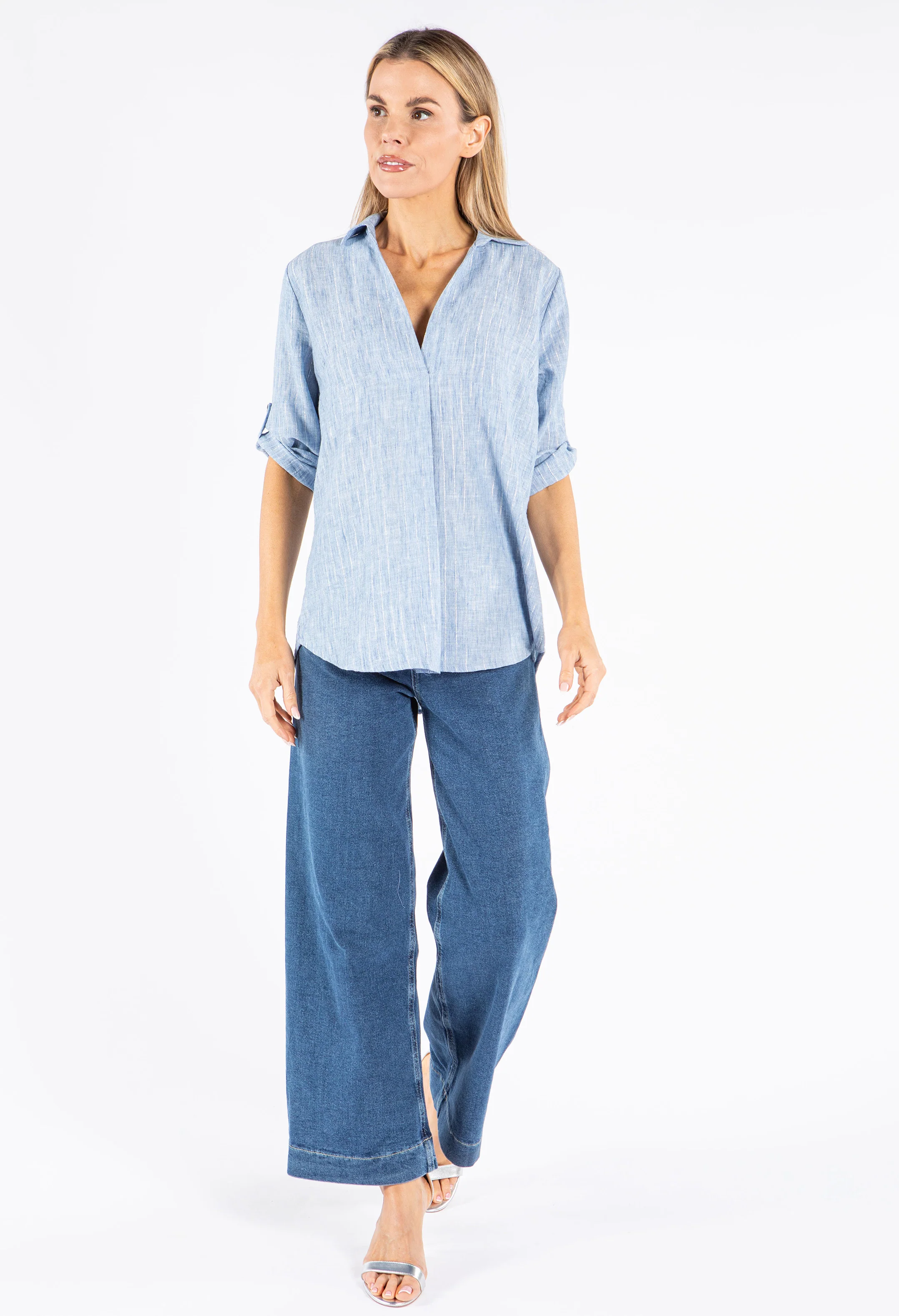 Lurex Pinstripe V Neck Shirt