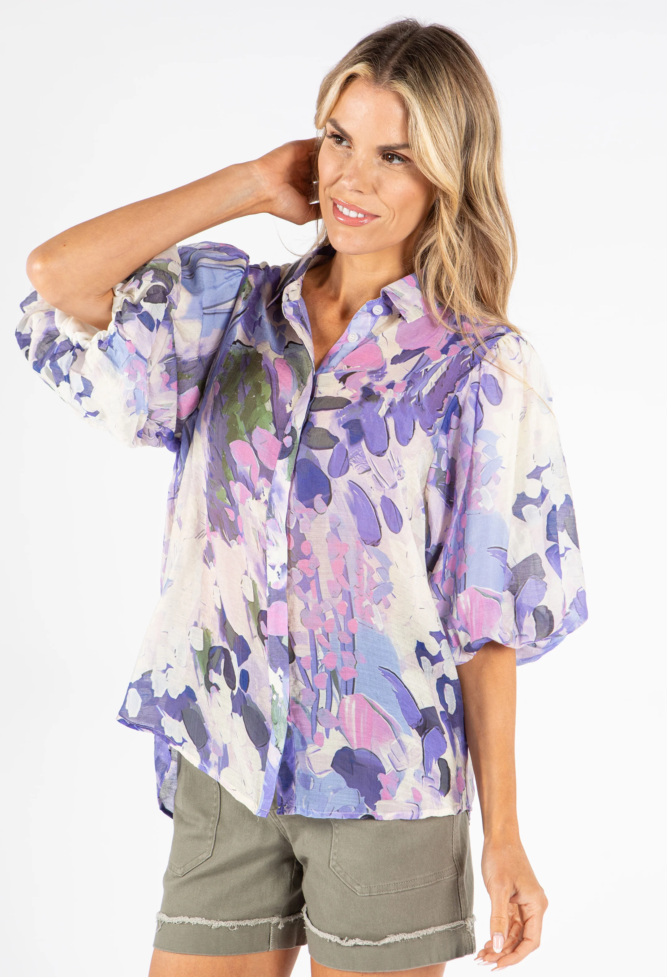 Abstract Balloon Sleeve Blouse