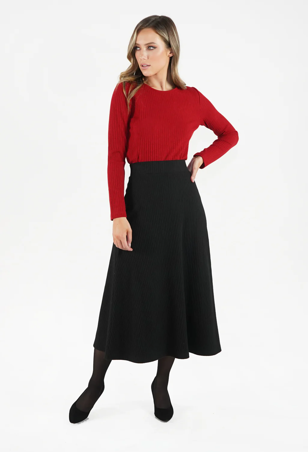 Black Ribbed Knit Midi Skirt