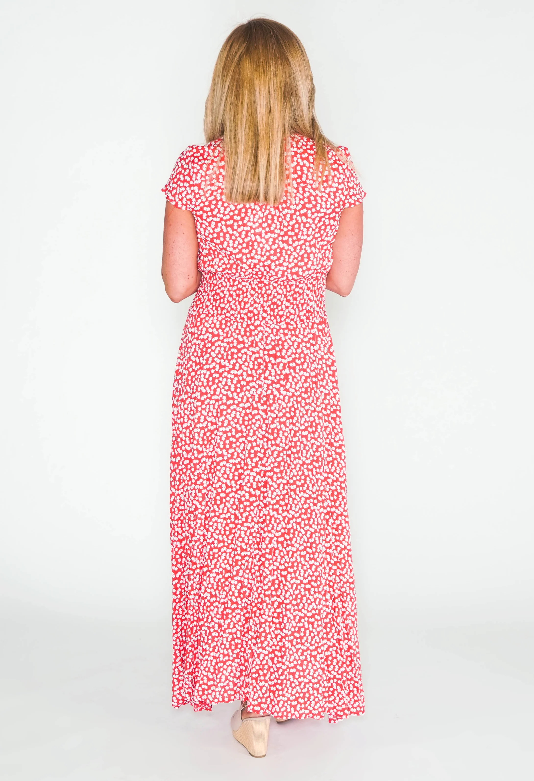 Pamela Scott printed maxi dress with button through front in red