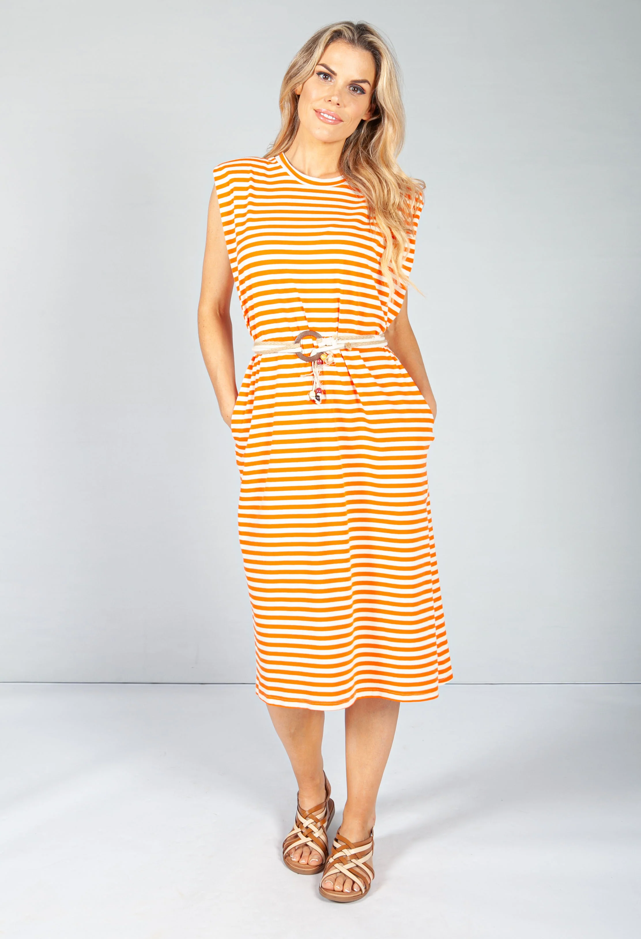 Summer Orange Stripe Belted Dress