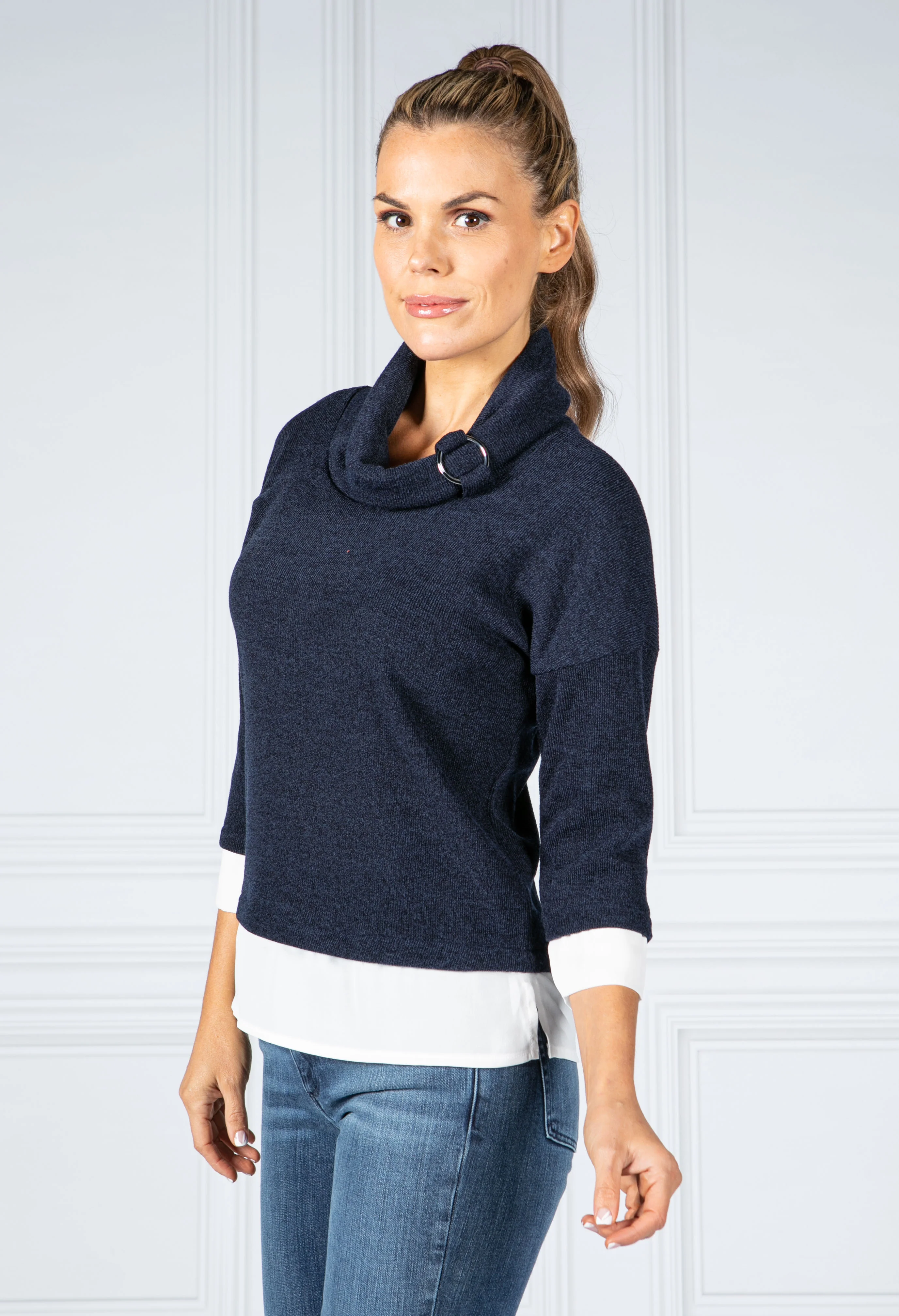 Fine Knit Cowl Neck Top with under-shirt detail in Navy