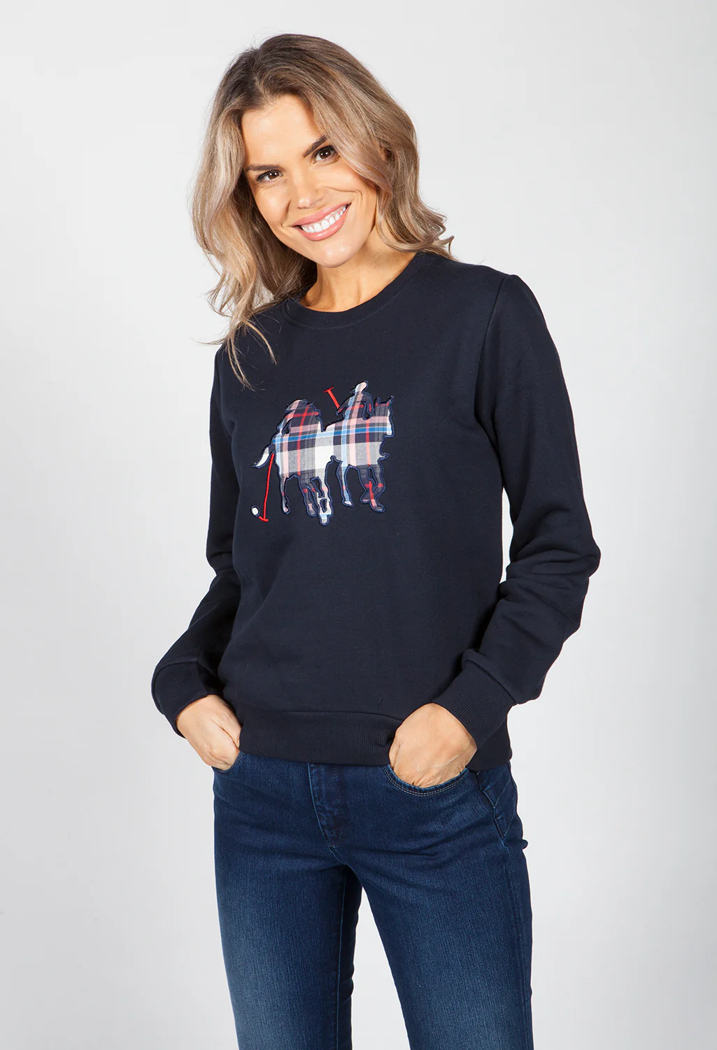 Navy Polo Check Print Sweatshirt