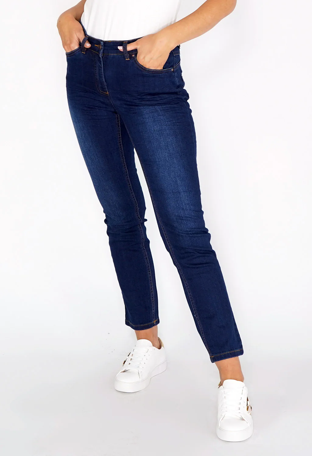 Stone Washed Dark Blue Jeans with Copper Stitching