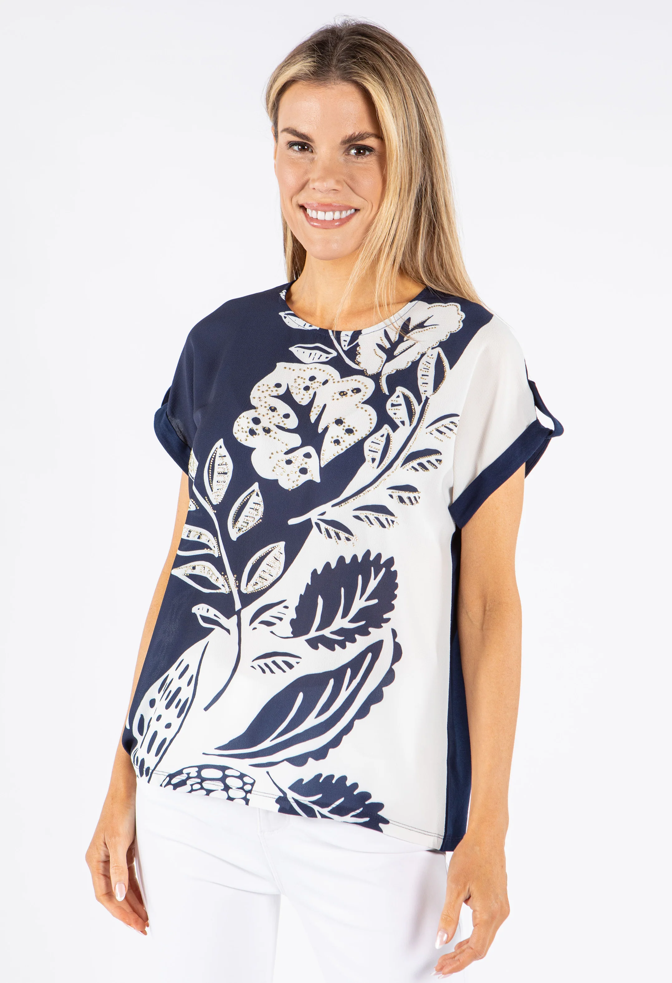 Leaf Print Rhinestone Top