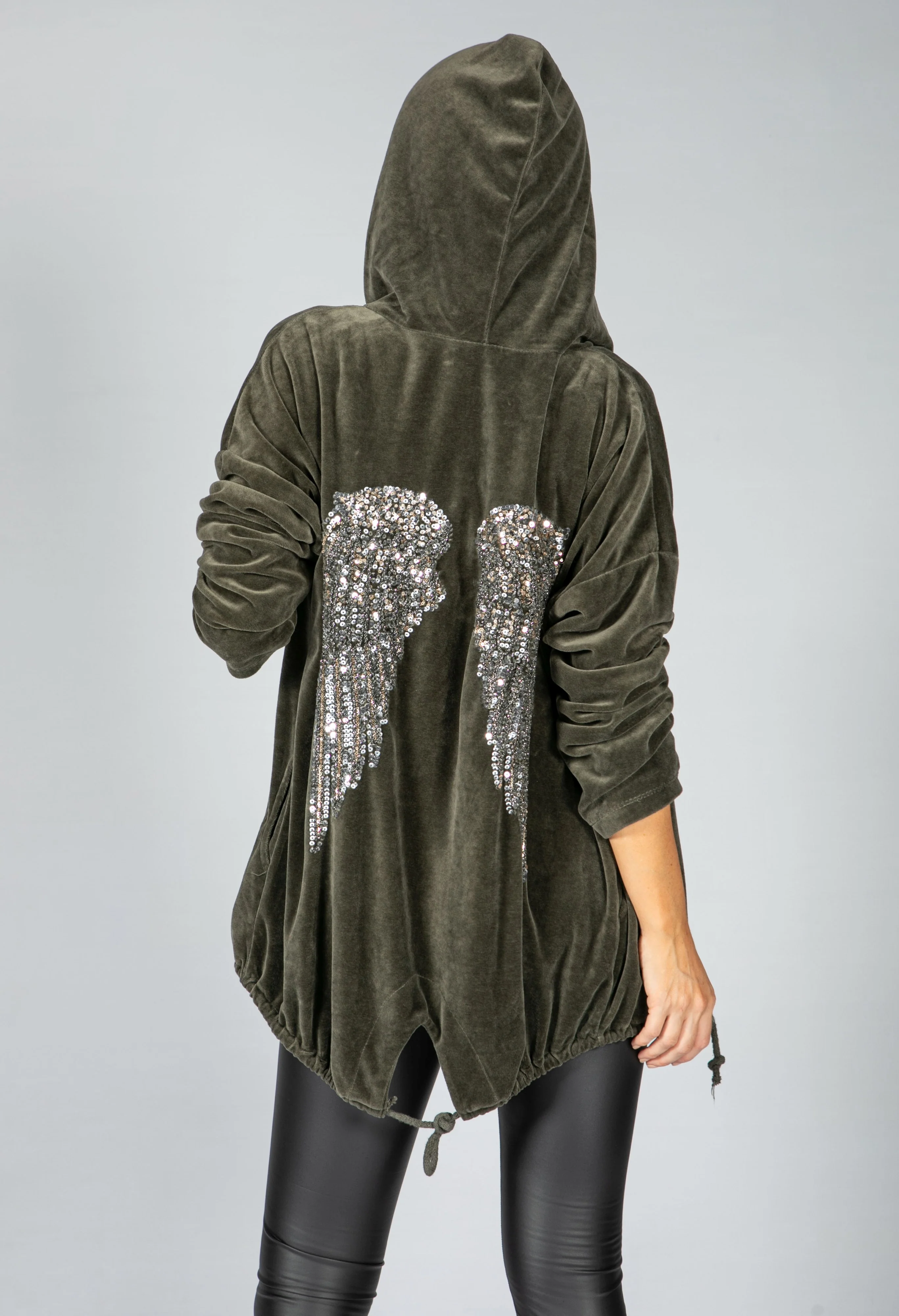 PAMELA SCOTT KHAKI VELVET OPEN HOODIE
