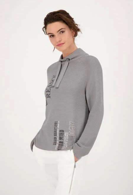 STAND-UP COLLAR KNITTED JUMPER WITH RHINESTONES IN GREY