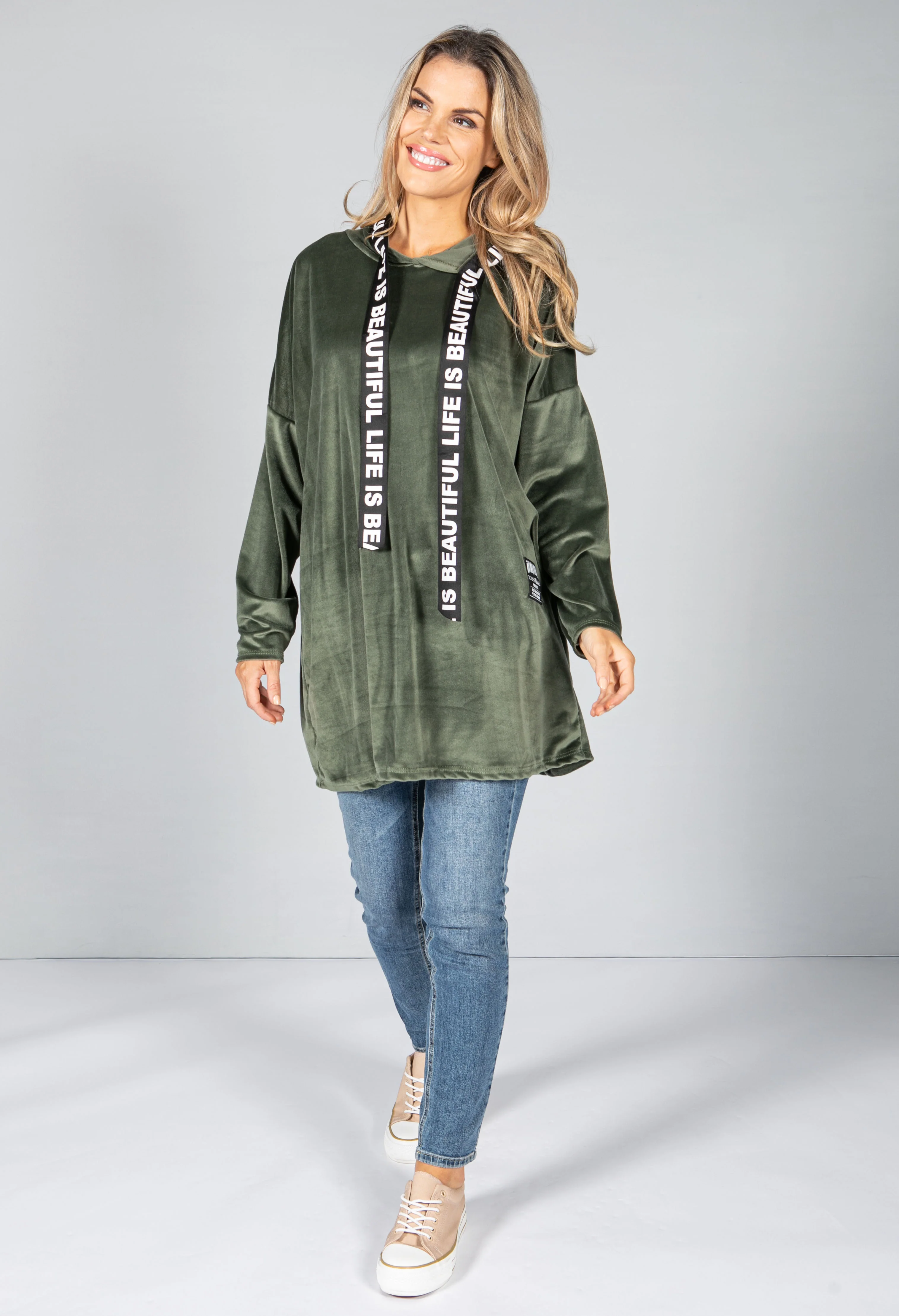 Velvet Logo Strap Hoodie in Khaki