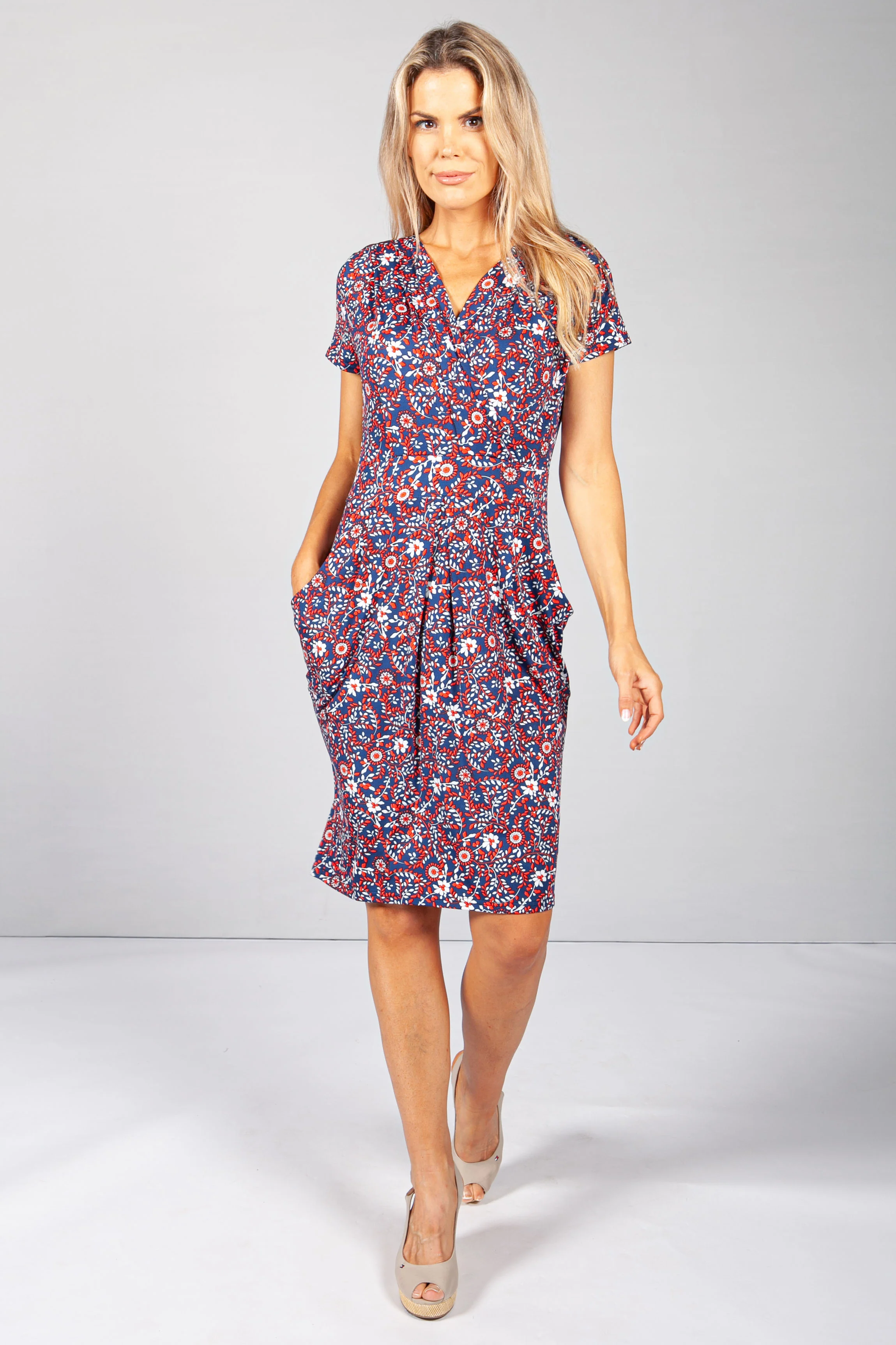 Navy & Red Vine Floral Print Dress