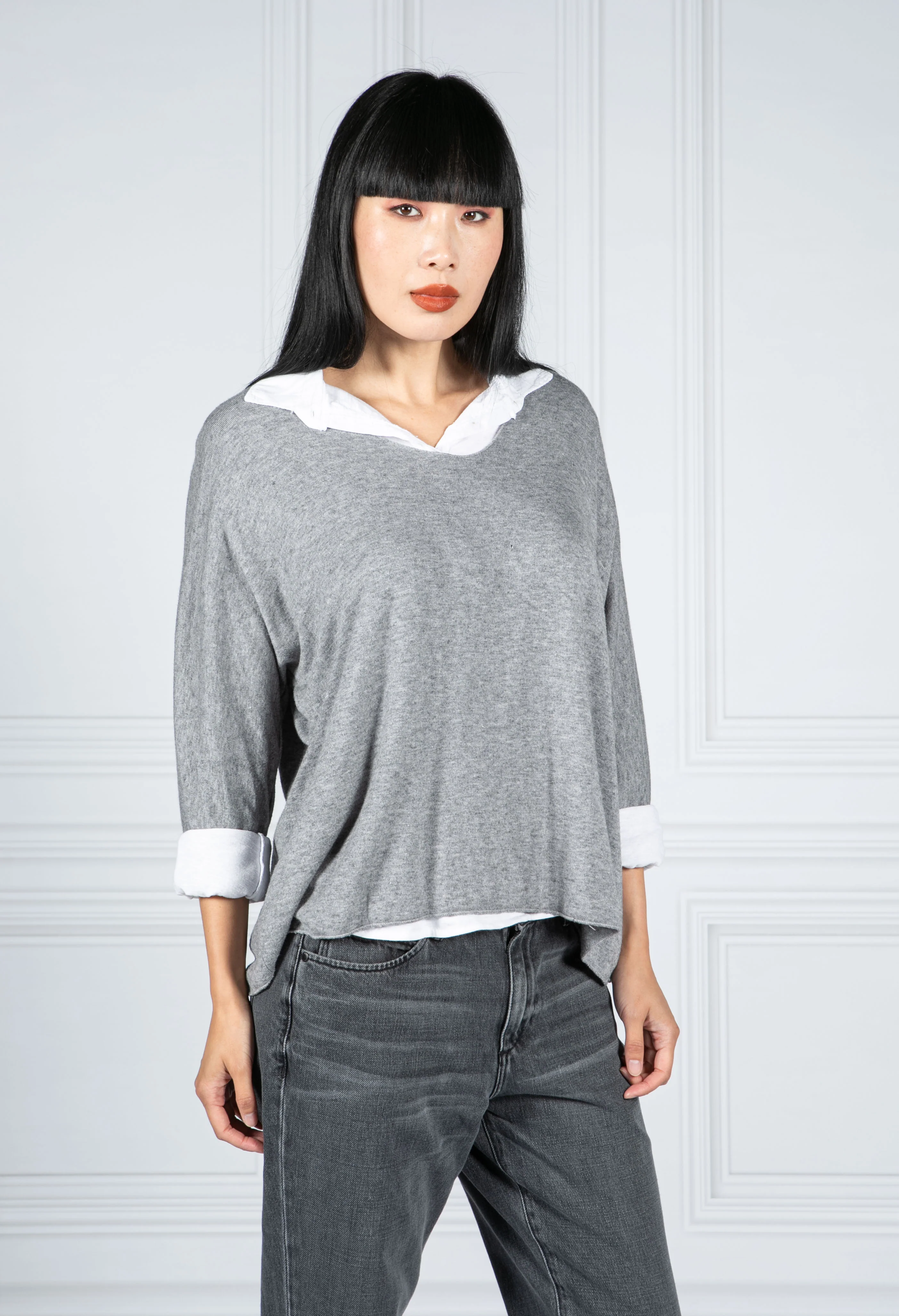 V NECK JUMPER WITH SHIRT DETAIL IN GREY
