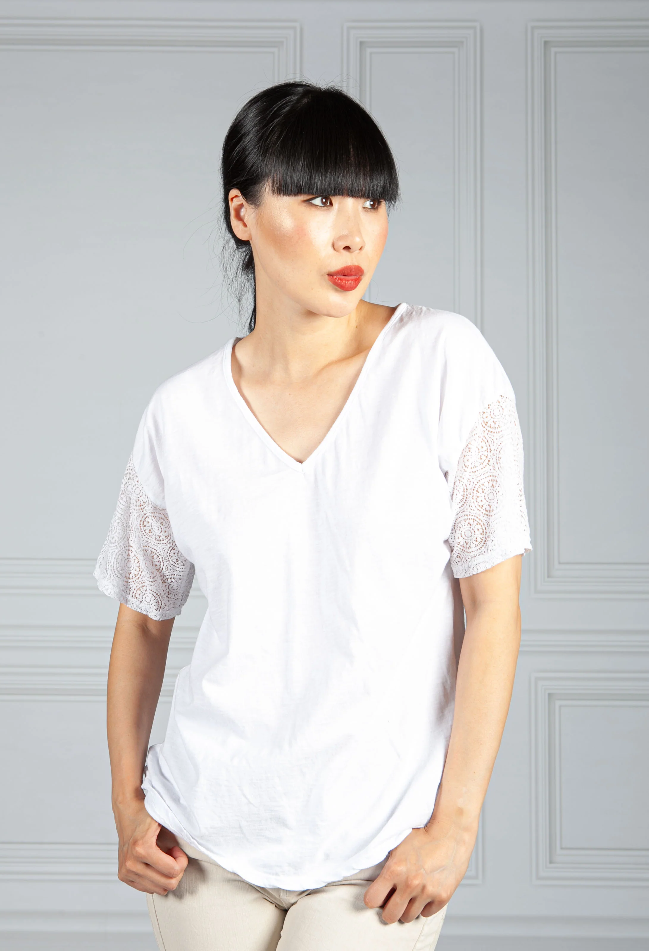 V Neck Top with Embroidered Sleeve