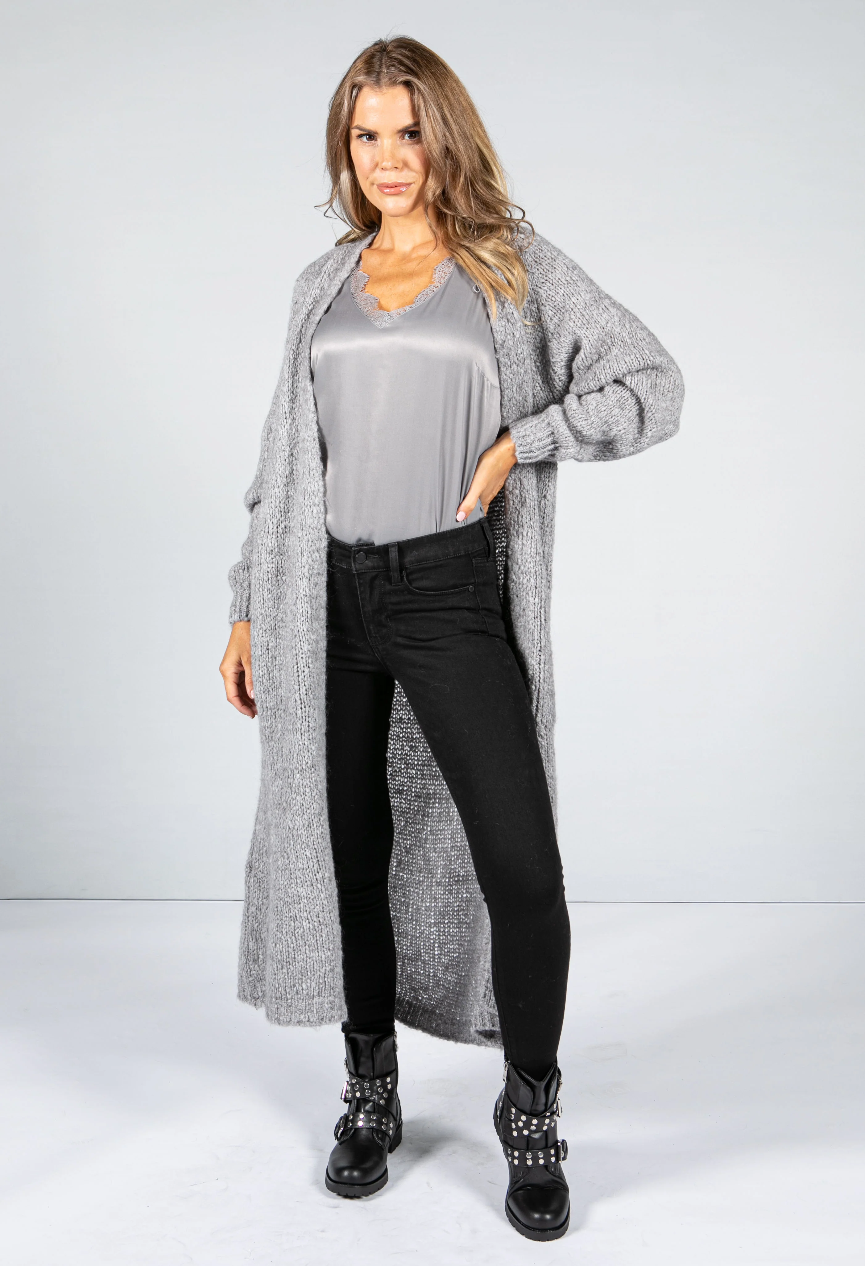 Mid Grey Chunky Knit Long Cardigan