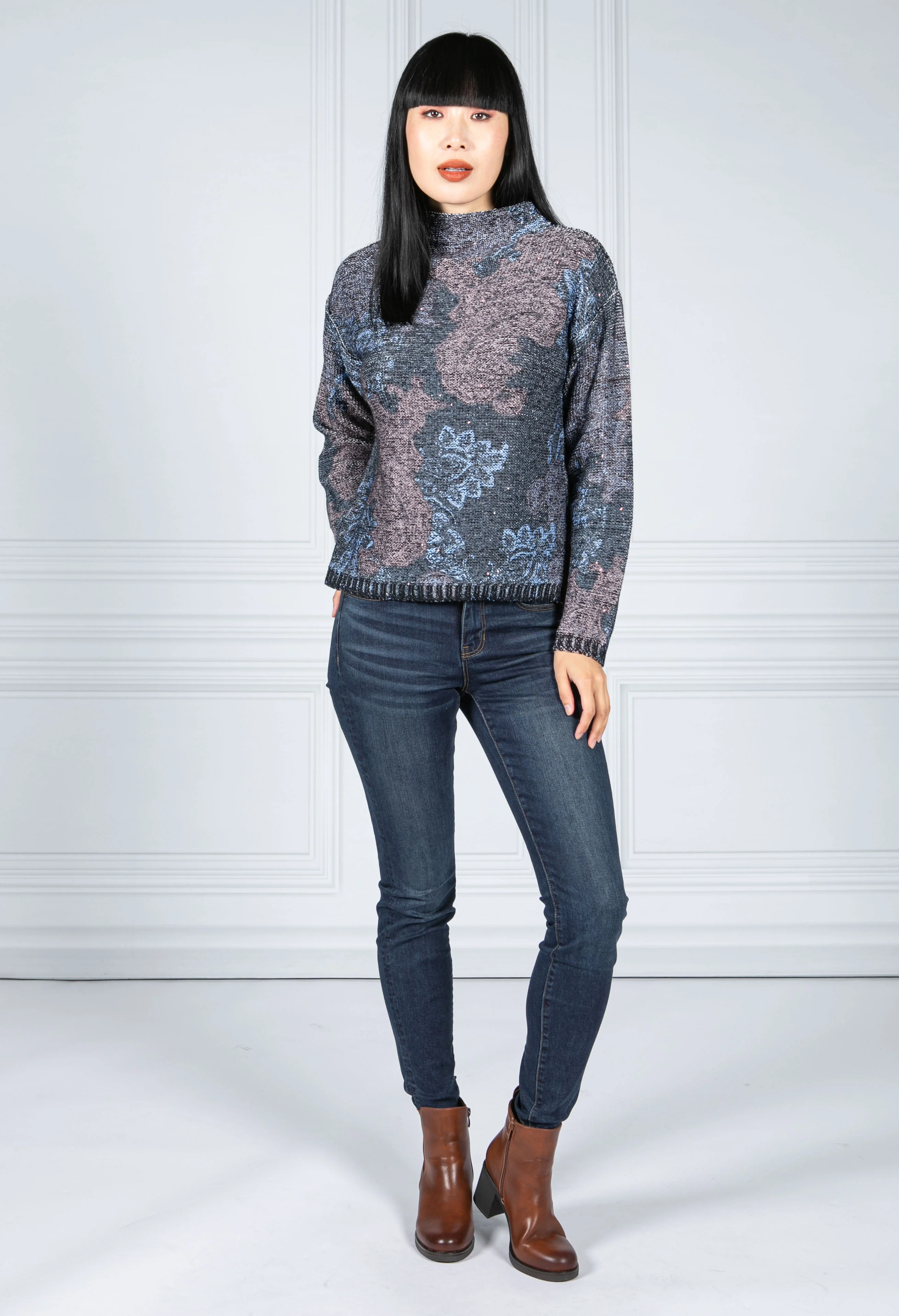 Navy Knitted Sweater With Print