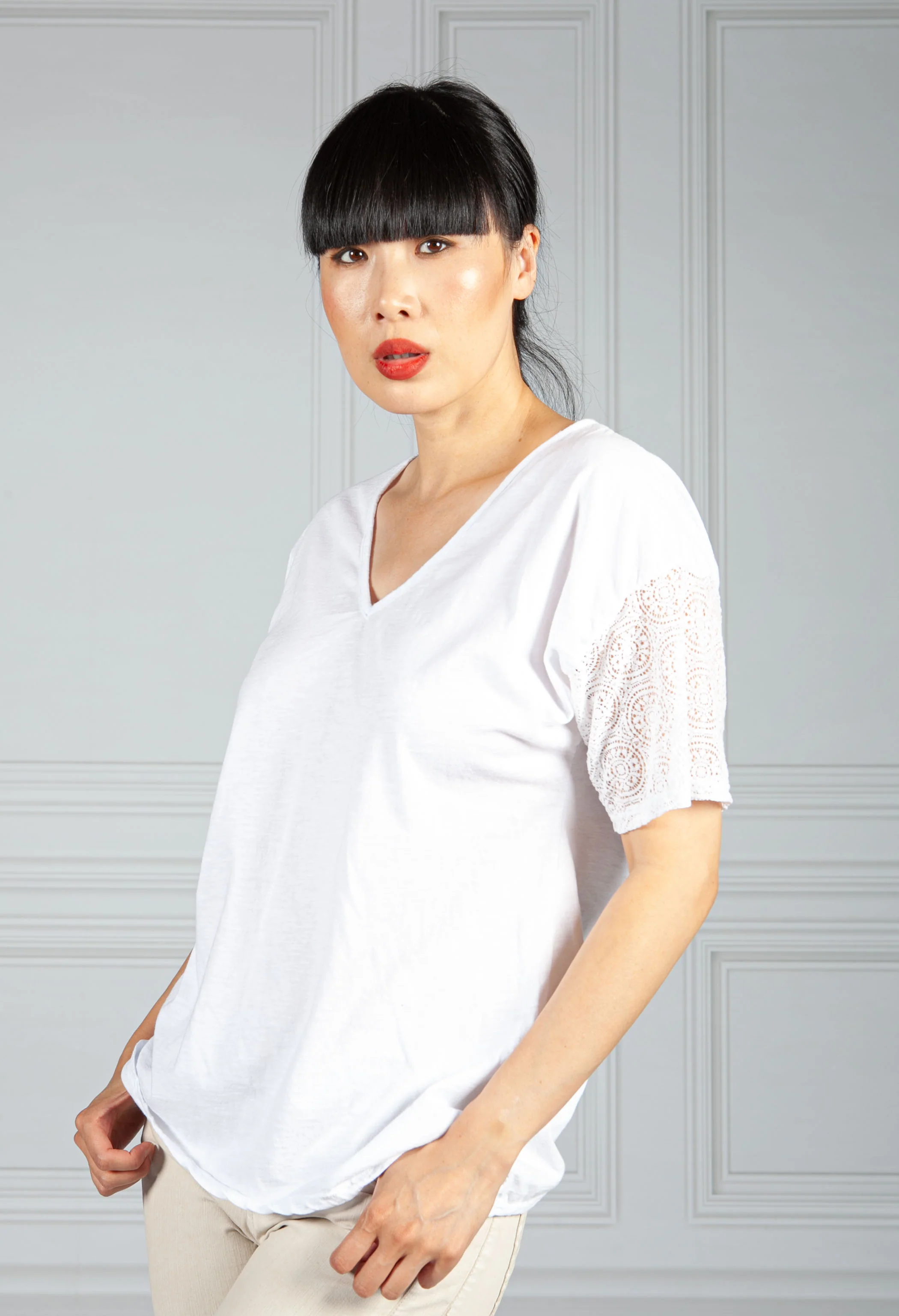 V Neck Top with Embroidered Sleeve