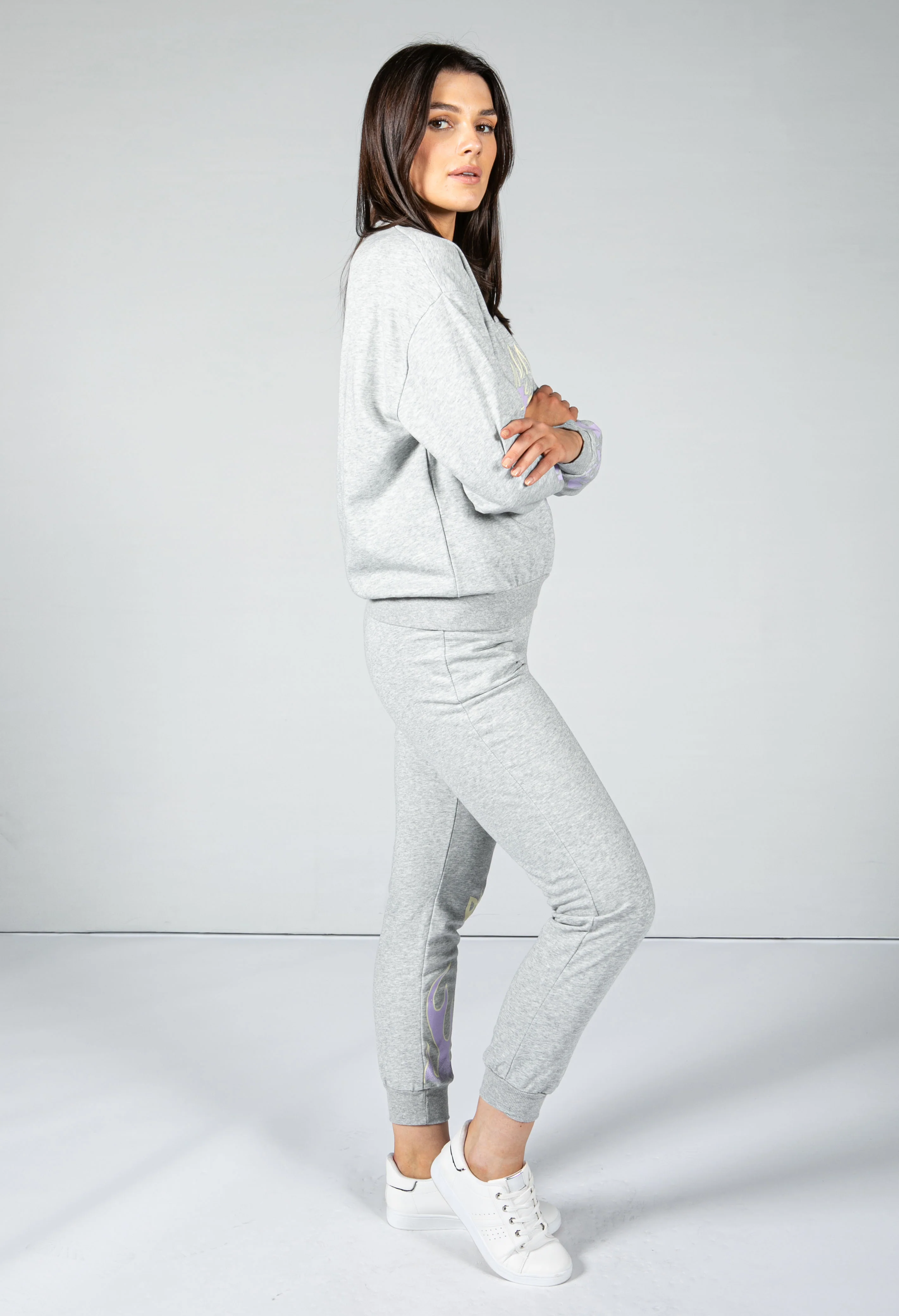 flame decal jogger set in grey