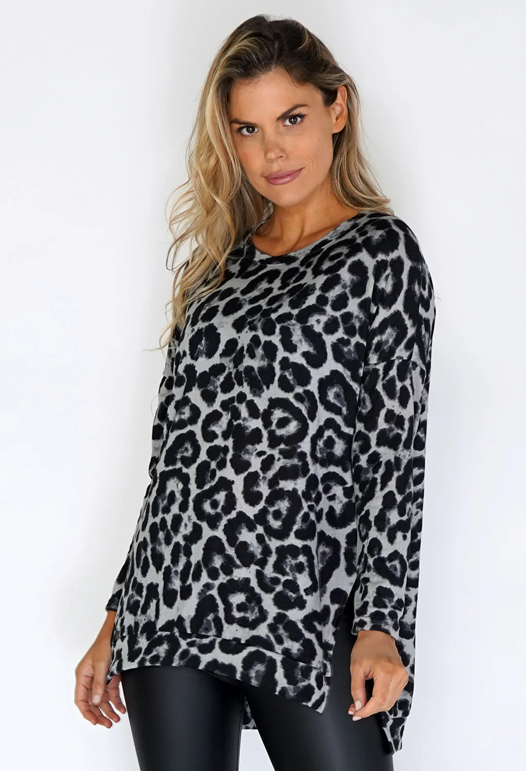Grey Long Leopard Print Knit Top