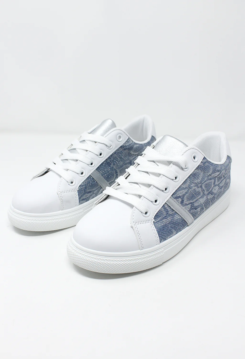 White and Blue Snake Print Trainer